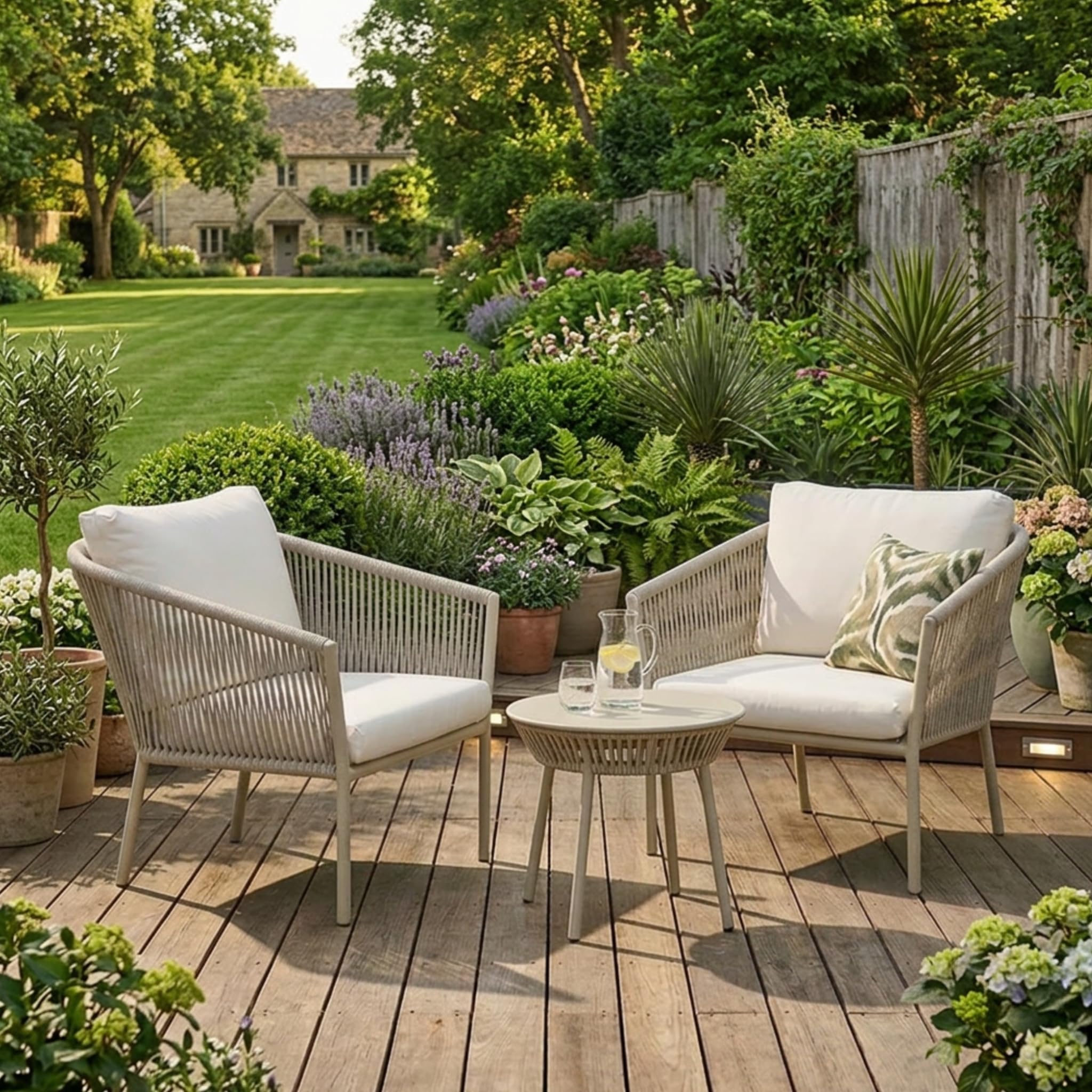 Outdoor Rope Weave Lounge Chair Set, Beige, White Cushions, 3-Piece Patio Furniture Set with Side Table-image-47