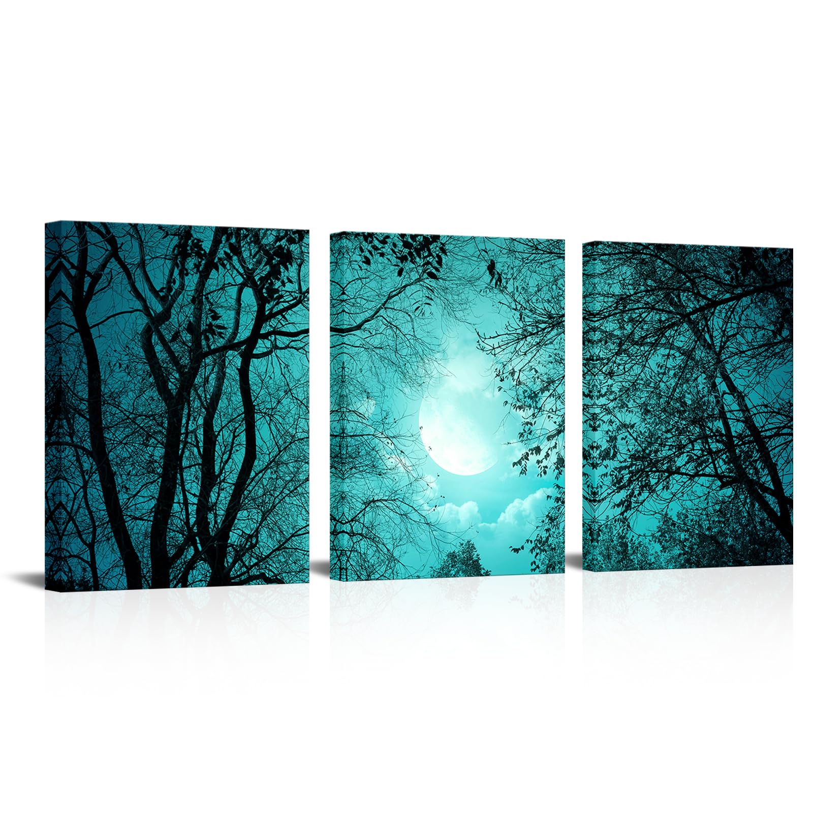 Lienzo decorativo para pared premium acabado 04 Moon cuadro tríptico verde azulado 12x16
