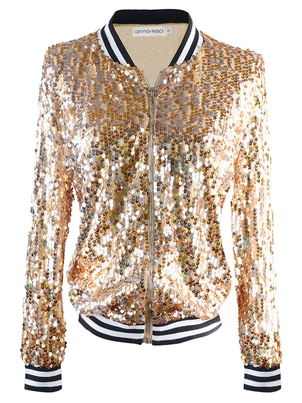 Womens Sequin Jacket Bomber Coat 1989 Slitter Outfit For Concert Party, Gold, Medium