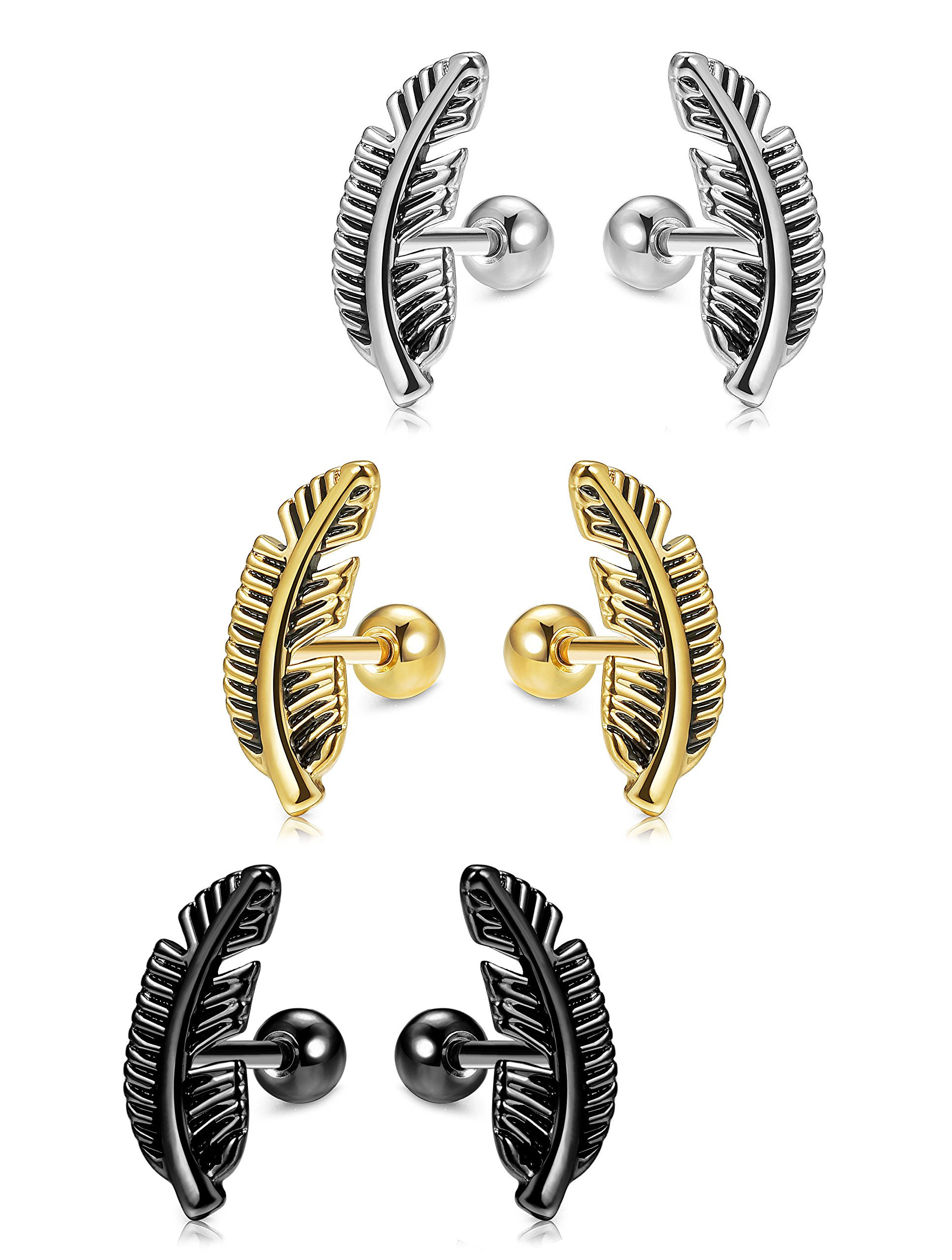 Jstyle 3 Pairs Stainless Steel Leaf Stud Earrings for Women Mens Helix Cartilage Piercing Earring Set 16G