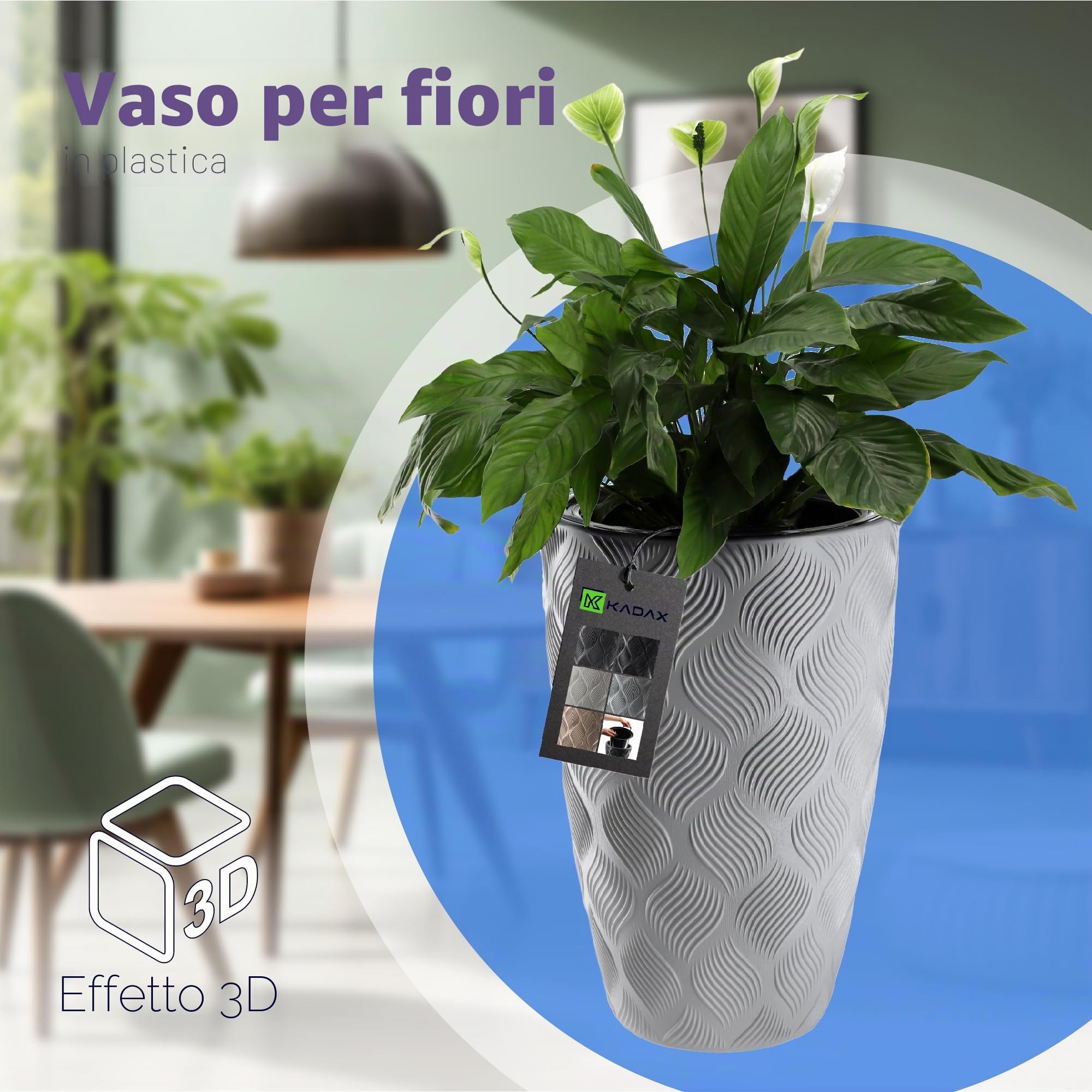 KADAX Vaso da fiori con inserto e manici, vaso in plastica in 5 misure, resistente ai raggi UV, resistente alle intemperie, vaso alto, vaso con effetto 3D (grigio, altezza: 58,5 cm)