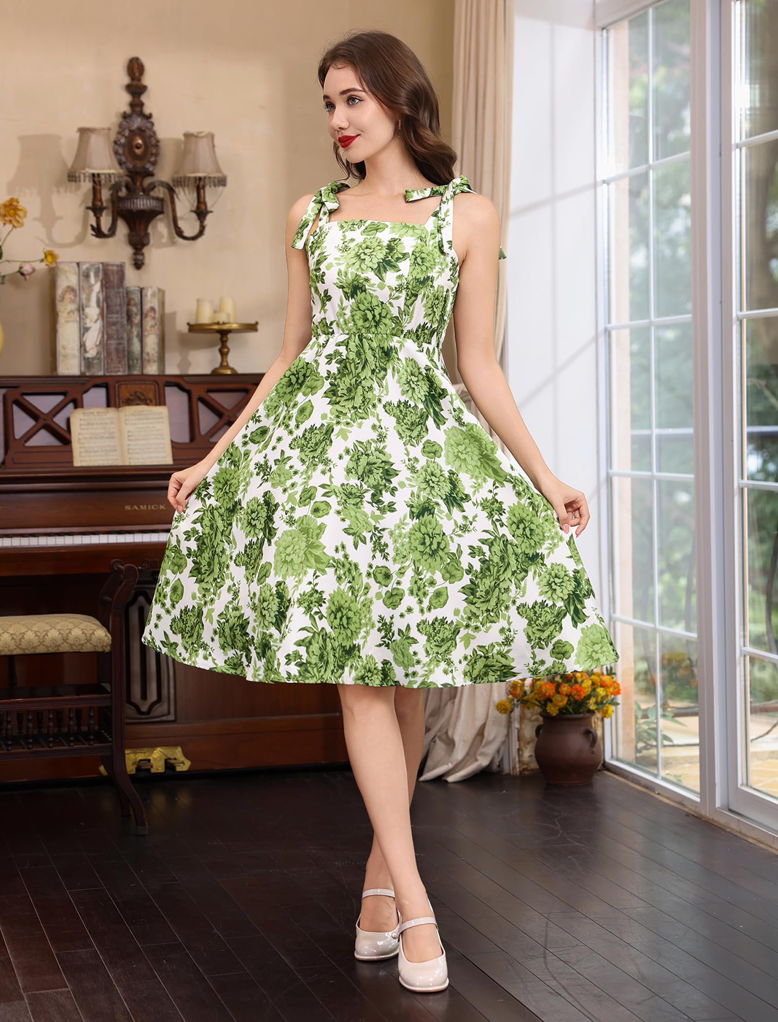 Abito da donna anni '50, elegante, floreale, vintage, rockabilly, anni '50, cocktail party, con spalline sottili, linea ad A