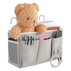 Organizador Colgante – Organizador Pañales – Bolsillo para Cama de Algodón y Lino para Libros, Móvil, Juguetes, Camas Literas (Gris)