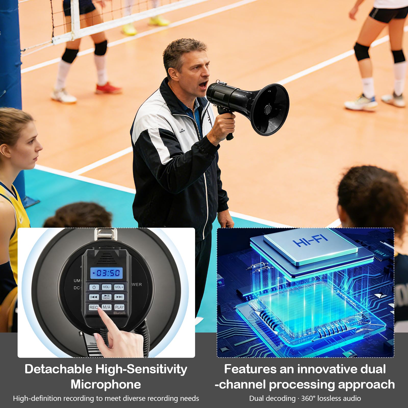 Megafono con Sirena e Microfono, Funzione di Registrazione e Bluetooth, Potenza Massima 100 W con Una Portata di 2000 m, MP3, USB, SD, AUX, megafono con Tracolla.