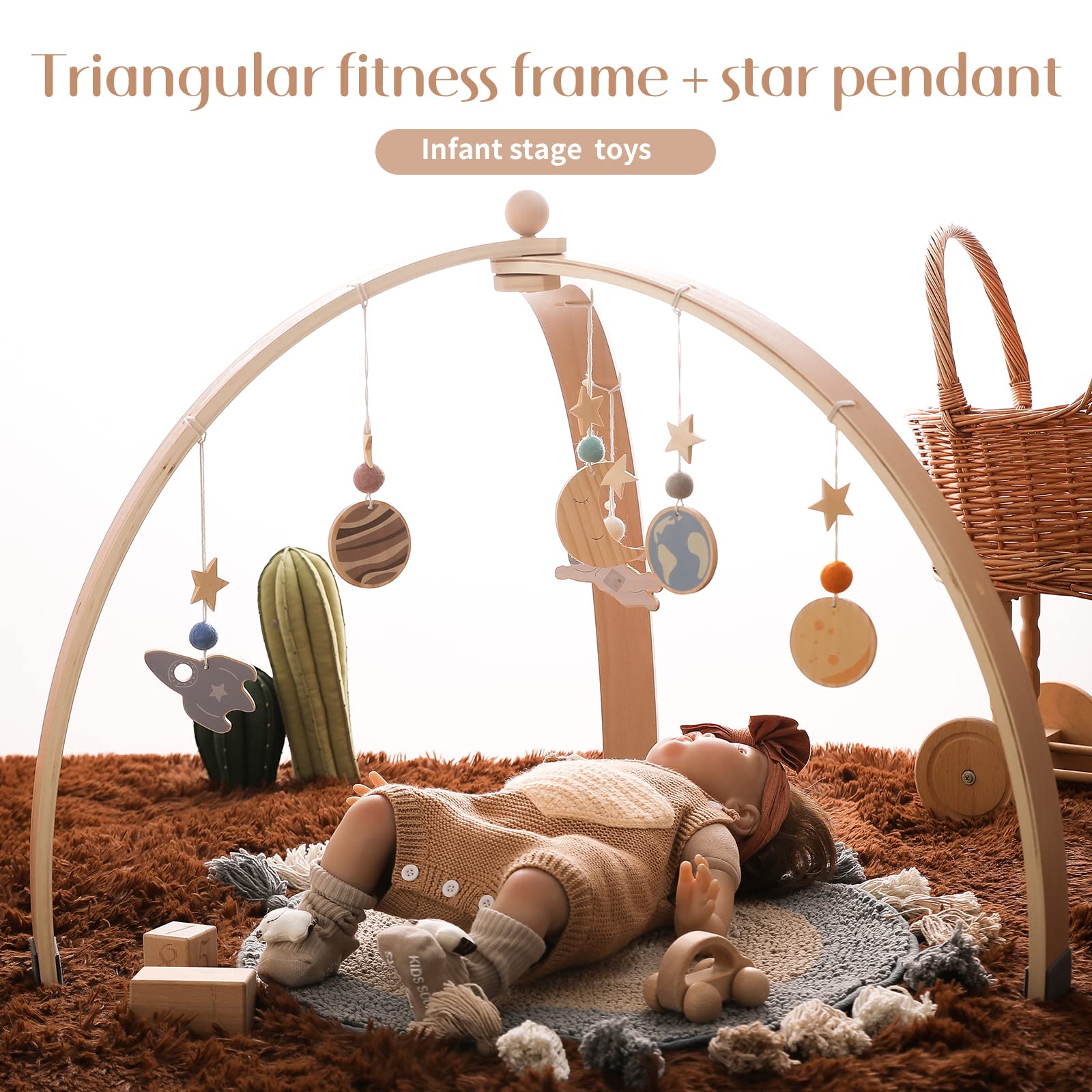 WOODEN TEETHER Arche de jeux pour bébé, en bois, avec 5 jouets sensoriels amovibles, Arche de jeu Montessori pliable en bois, décoration pour chambre de bébé, chambre d'enfant (Triangle Log Couleur)
