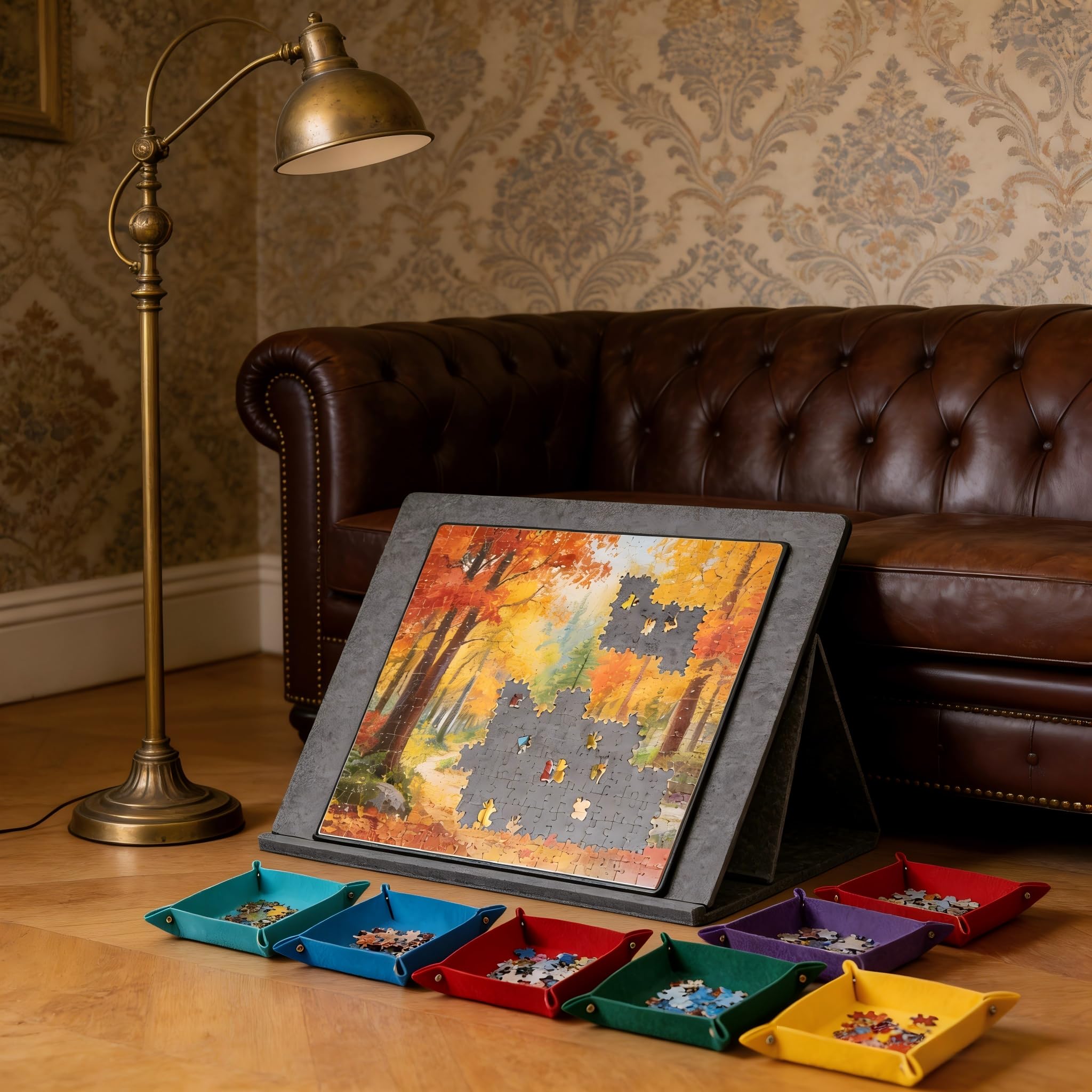 Planche à puzzle et table de puzzle 1000 pièces – Planche à puzzle inclinable avec 6 compartiments de tri colorés, support et couvercle 2 en 1, plateau de tapis de puzzle léger en feutre