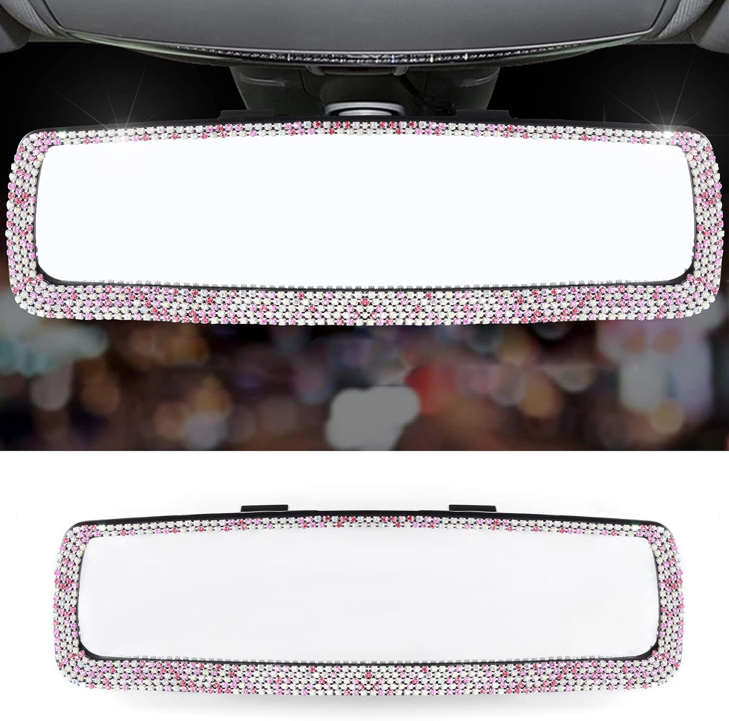 LivTee Bling Car Rearview Mirror, Car Bling Decorations Rear View Mirror with HD Glass, Bling Car Interior Accessories for Women and Teens - Pink