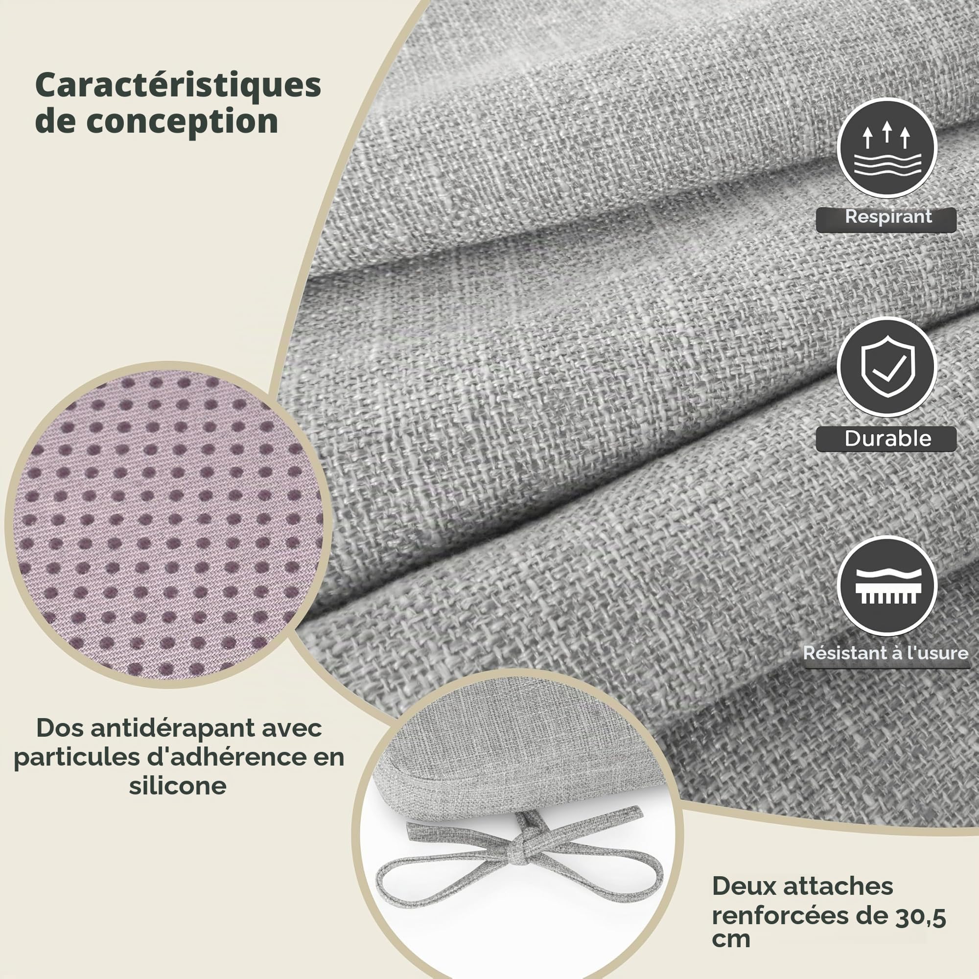 AddGrace Lot de 6 coussins de chaise carrés épais antidérapants pour chaises de salle à manger avec attaches et housse amovible Gris clair 40 x 40 x 5 cm