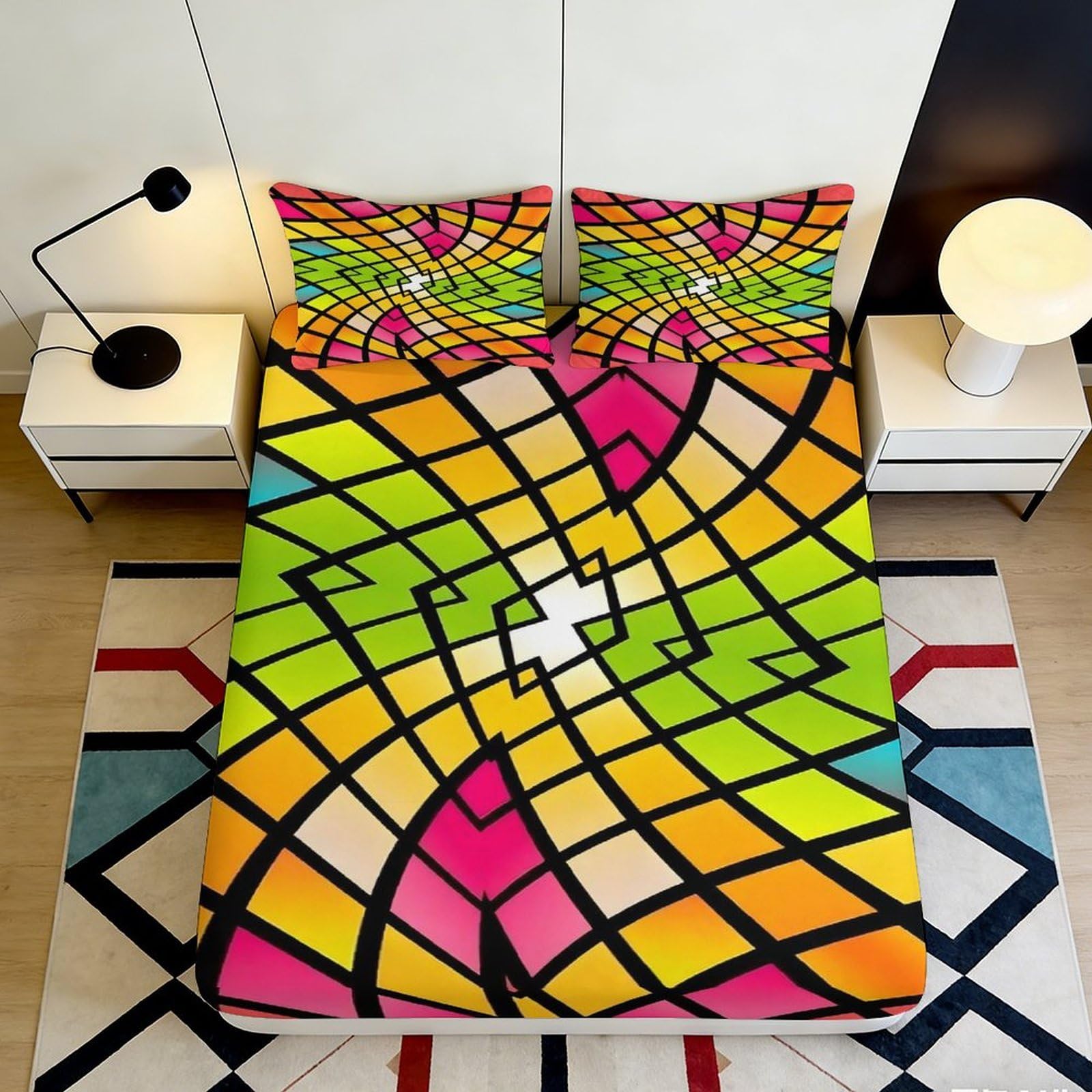 3D Printed Geometric Mosaic Fitted Sheet Microfiber Vibrant Colorful Art Mattress Cover for Bedroom Dorm Decor 90x200x25cm