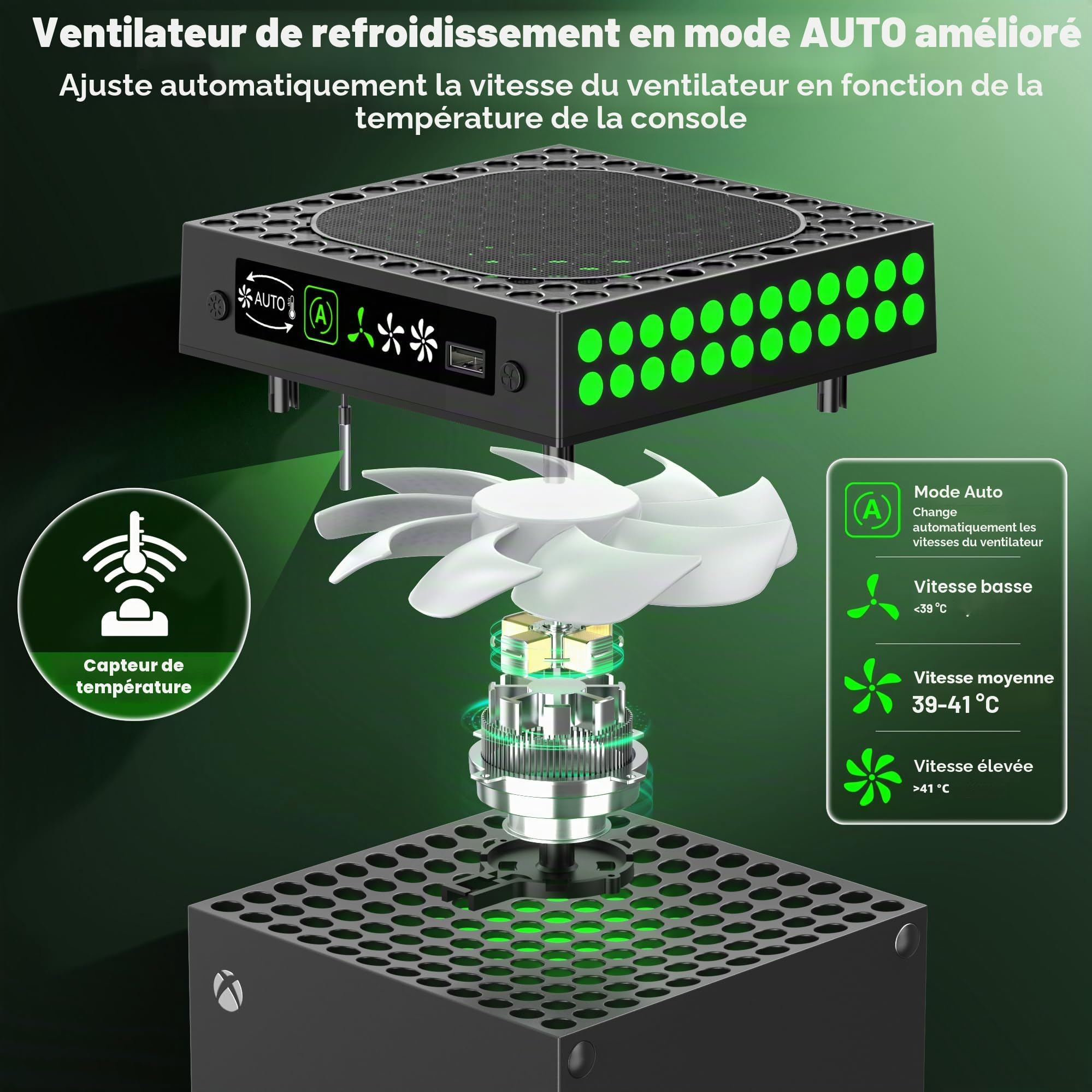 Support de Refroidissement Xbox Series X avec Ventilateur Automatique, Ventilateur Xbox Series X avec Lumières LED & 5 Systèmes de Refroidissement Réglables