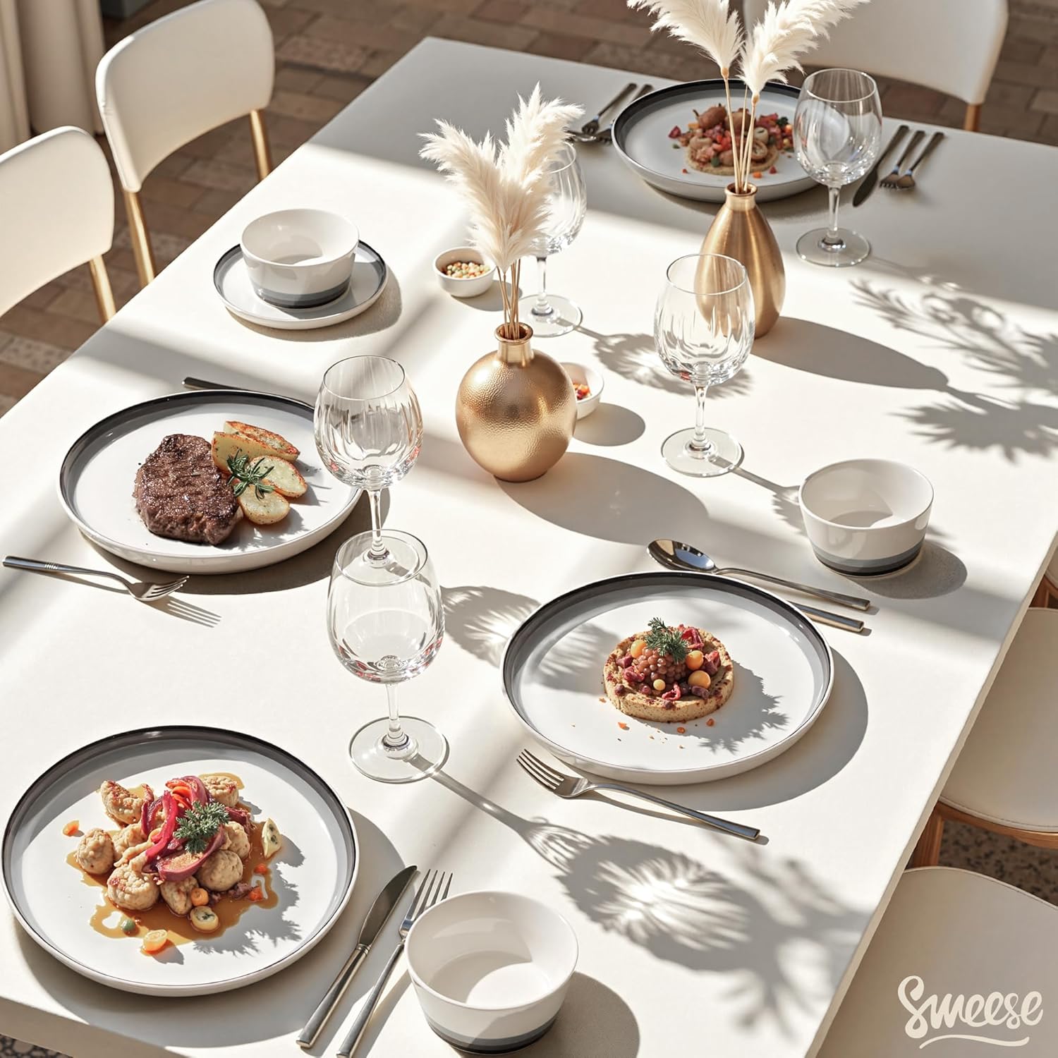 Sweese 12 Piece Dinnerware Sets for 4 - Porcelain Plates and Bowls Set - Scratch Resistant, Dishwasher and Oven Safe Round Dinner Sets - Dish Sets -White and Blue Gradient