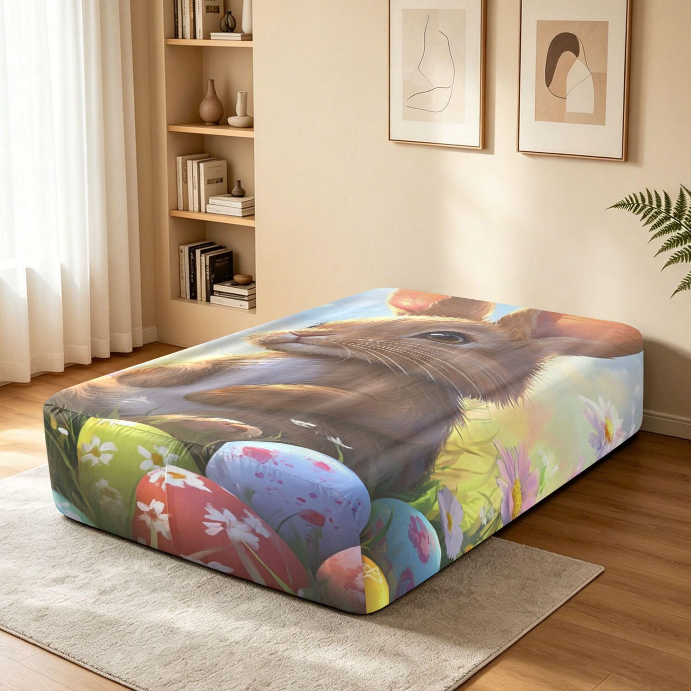 Sábana bajera ajustable de tamaño individual con diseño de conejo marrón para colchón de aire, bolsillo extra profundo de 24 pulgadas, funda suave y transpirable con apertura de válvula de