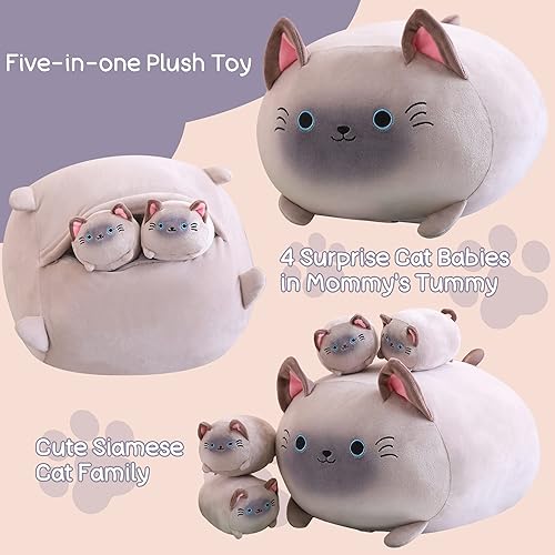 Miniatura 4 de SQEQE Peluche de gato siamés, lindo gato siamés, mamá con 4 gatitos blandos en su barriga, suave almohada de peluche de gato siamés regalos para