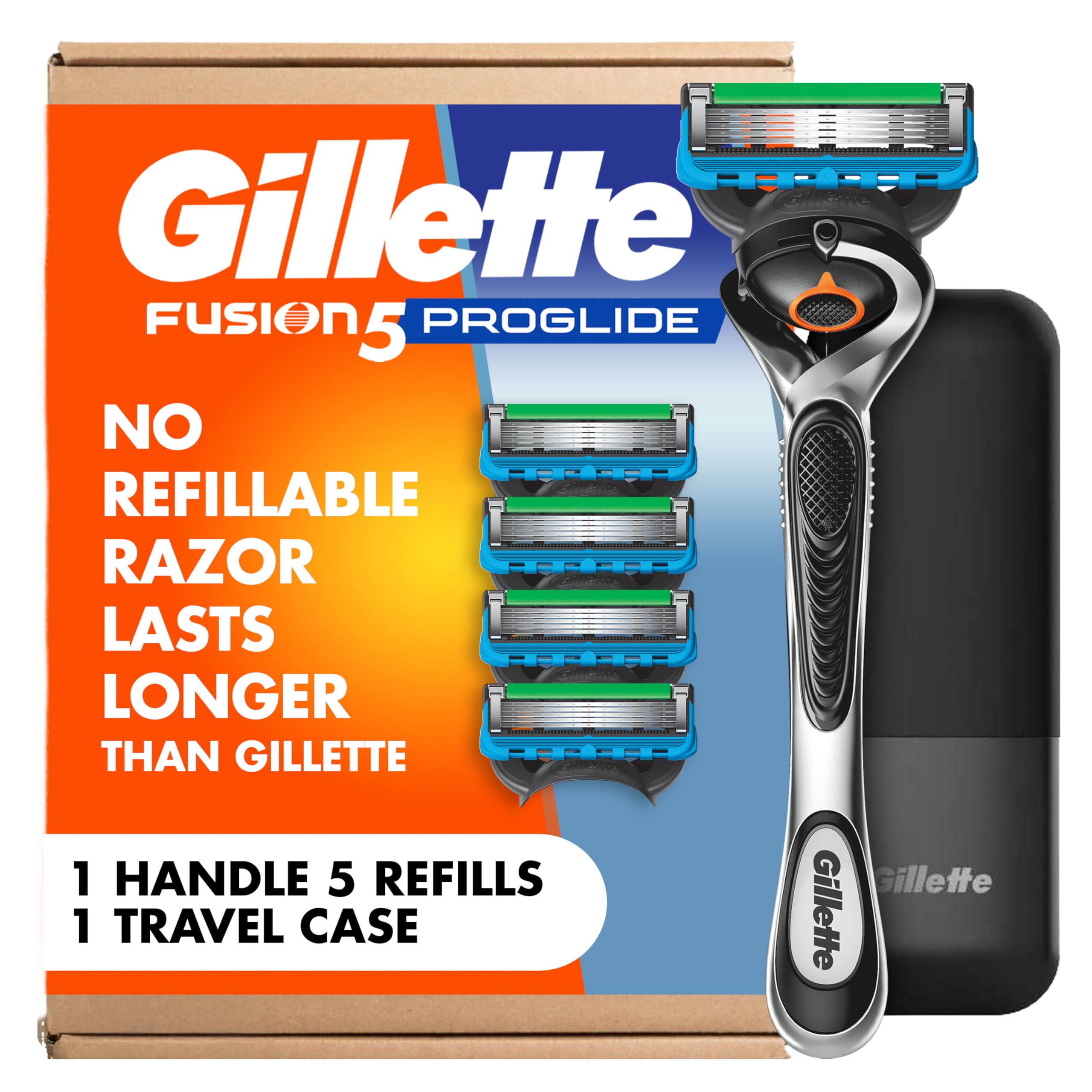 Gillette Fusion5 Proglide Razor for Men, 5-Blade, 1 Razor Handle, 5 Blade Refills, with Travel Case
