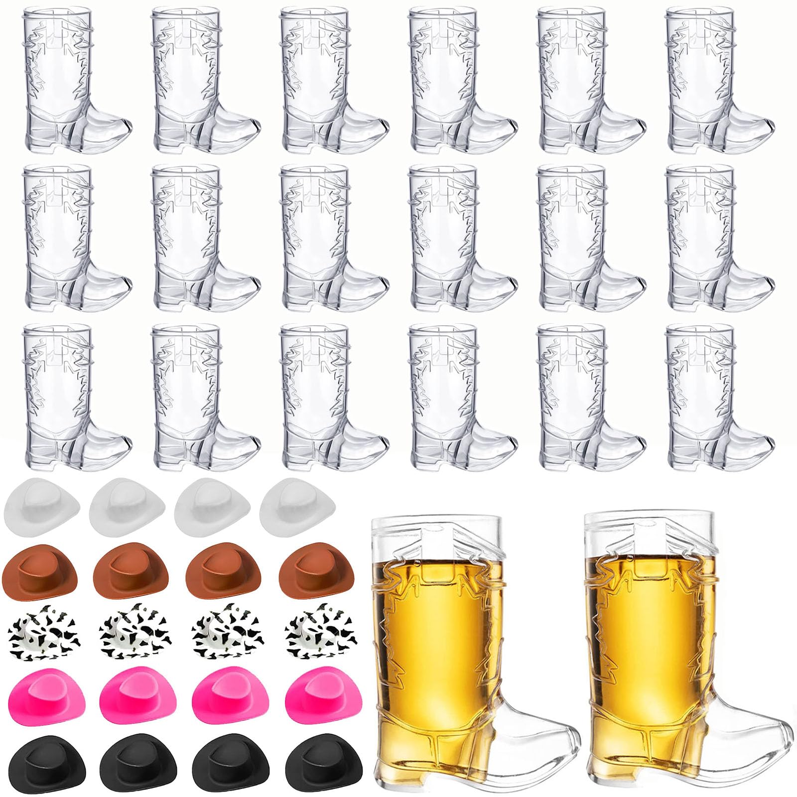 PACIOCEAN 40 PCS Cowboy Boot Shot Glasses Set with 20 Hats, Reusable Plastic Cups for Western Party, Birthday, BBQ, Wedding Decorations, Rodeo Theme Supplies