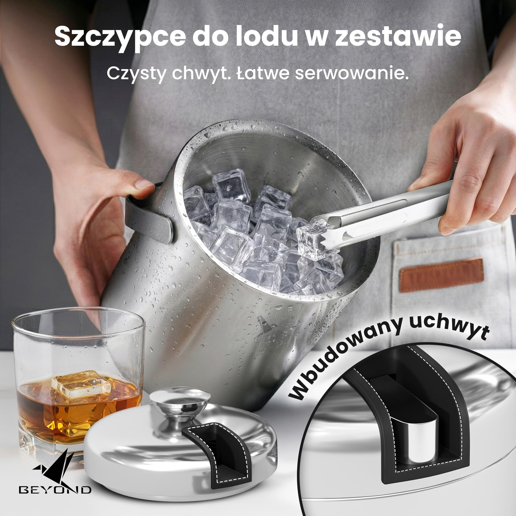 Beyond Pojemnik na Kostki Lodu z Pokrywką i Szczypcami ze Stali Nierdzewnej BPA-free – Chłodziarka do Lodu z Podwójnymi Ściankami, 1,3 Litra Kostek Lodu, Wiaderko na Lód, Kubełek na Lód – Srebrny