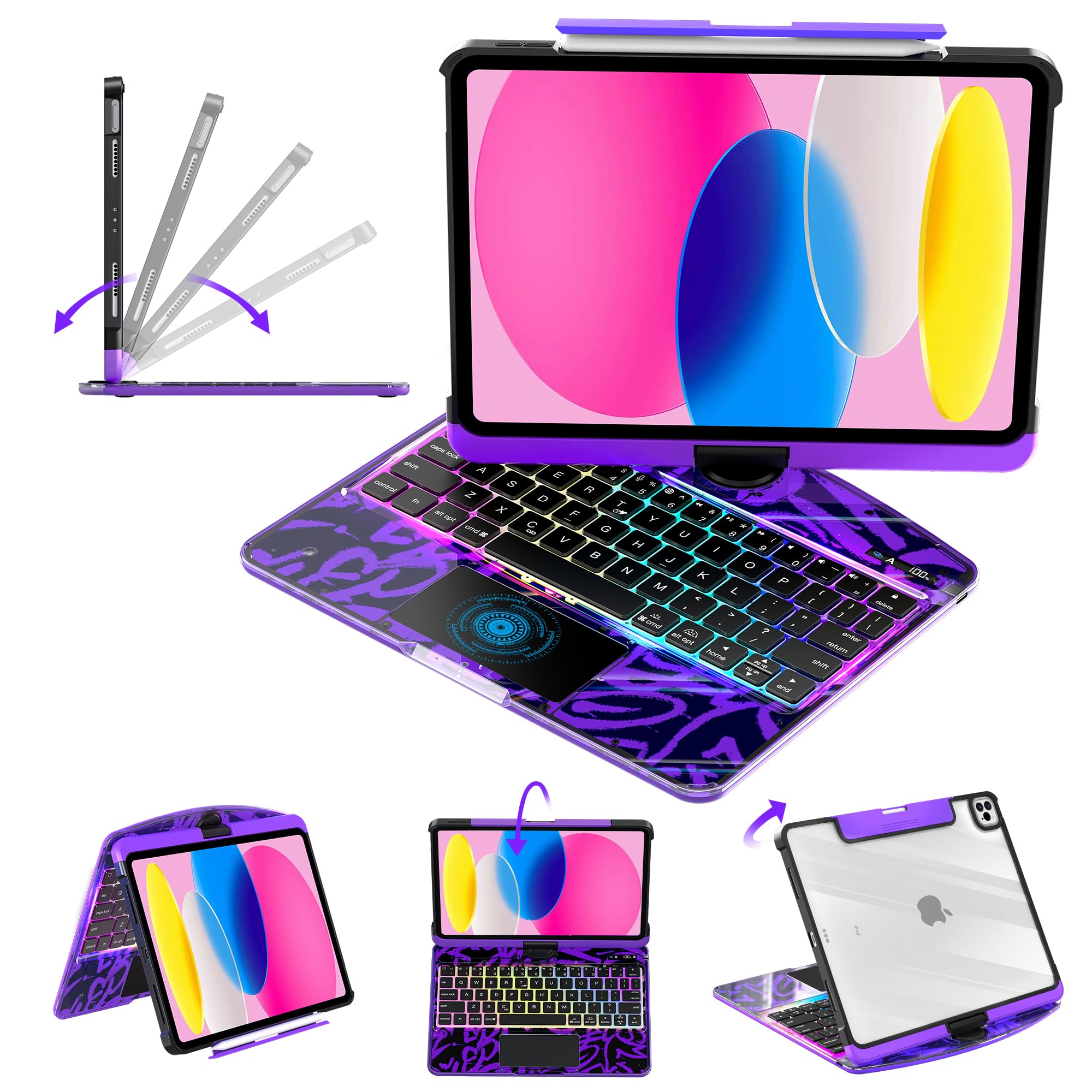 Clear Keyboard Case for iPad 10th Gen (2022/2025 10.9") &amp; 11 inch (A16) 3-Brightness, 7-Color Backlight, Trackpad Wireless Bluetooth Keyboard with 360 Rotating Stand, Pencil Holder Purple