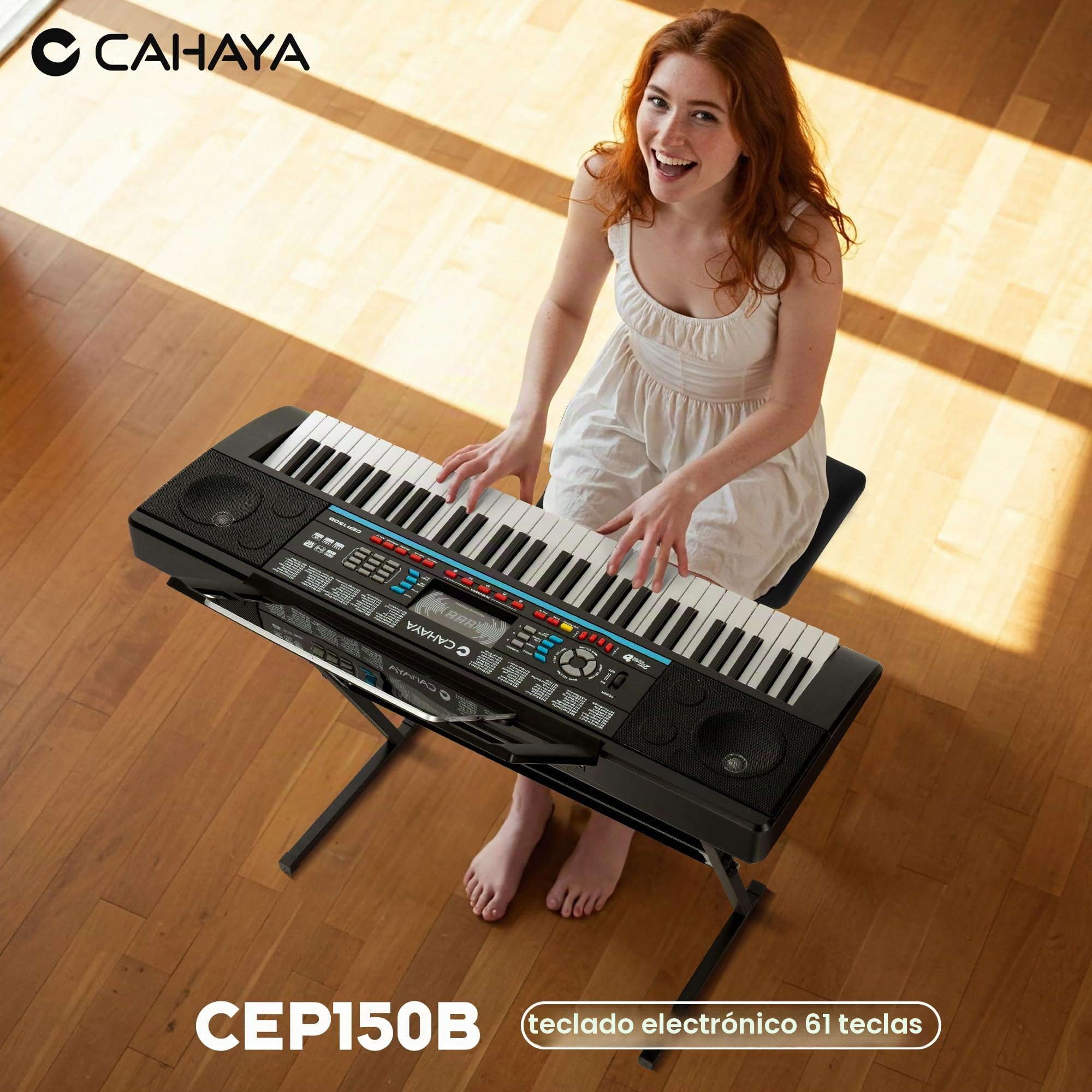 CAHAYA Piano Digital de 61 Teclas - Piano Eléctrico Portátil para Principiantes con 3 Modos de Enseñanza 128 Sonidos y 128 Ritmos Set con Soporte Banco Micrófono y Altavoces Integrados