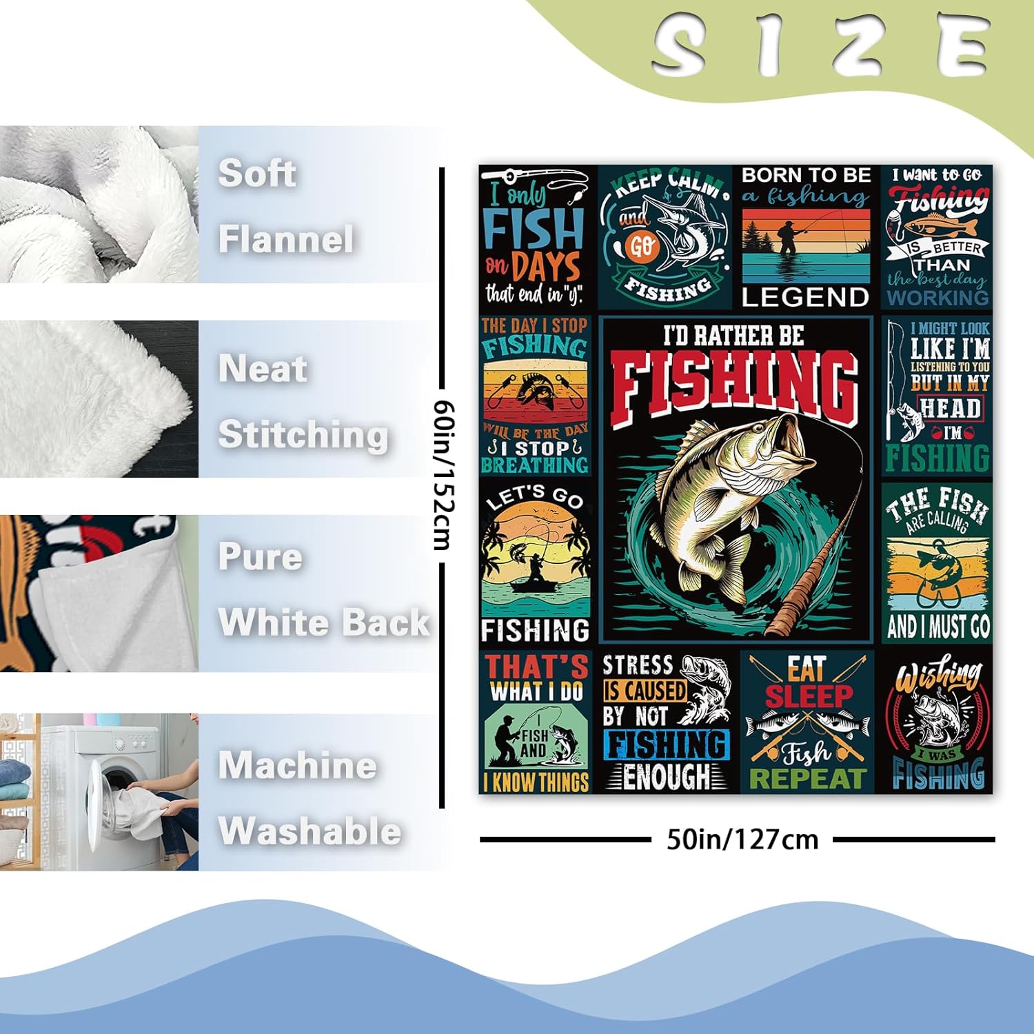 Fishing Gifts for Men Flannel Throw Blanket, Funny Present for Fisherman Hunter Dad Husband Kids Boys Women, Bass Fish Birthday Ideas, Humor Soft Blankets for Bedding Sofa 50"x60" - Image 2