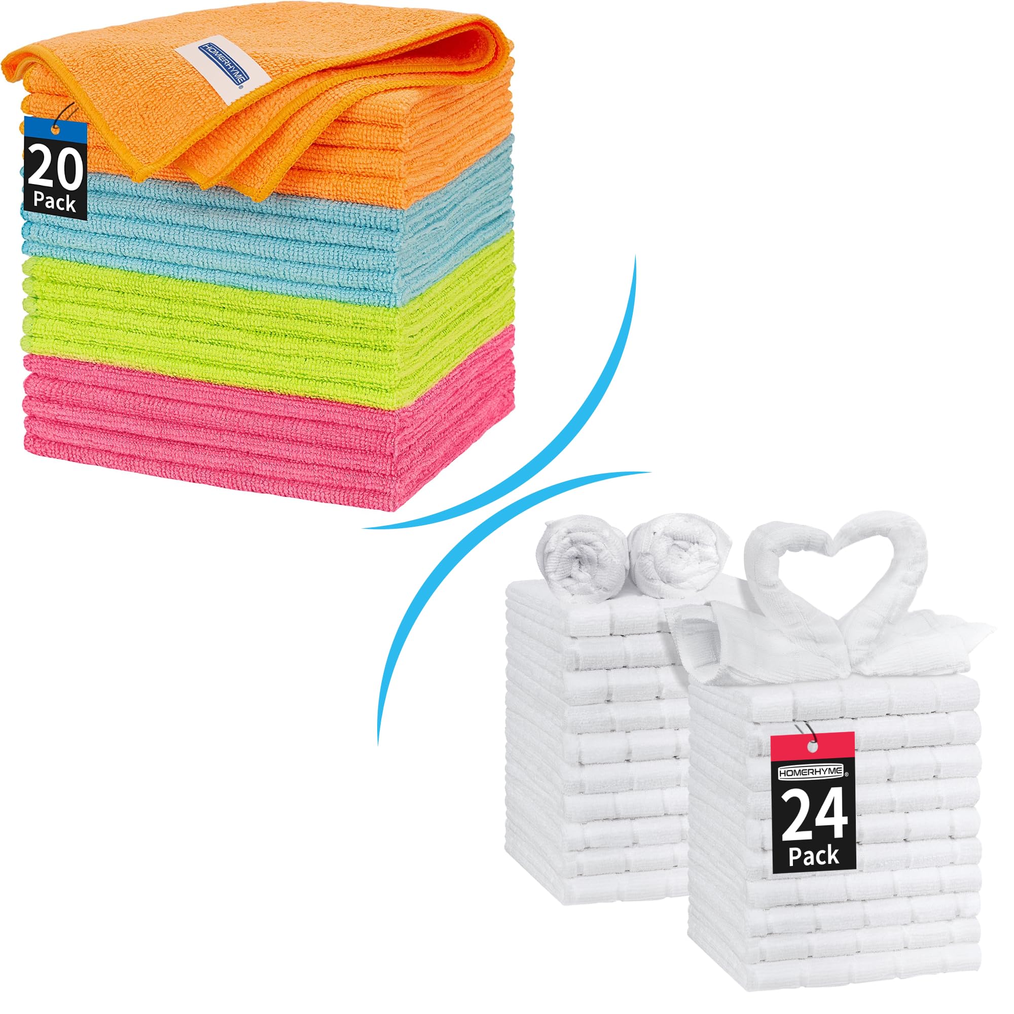 HOMERHYMEMicrofiber Cleaning Cloth - 20 Pack Cleaning Towels, with White Washcloths 24 Pack, Microfiber Face Cloths, Soft Bulk Makeup Fingertip Towels.