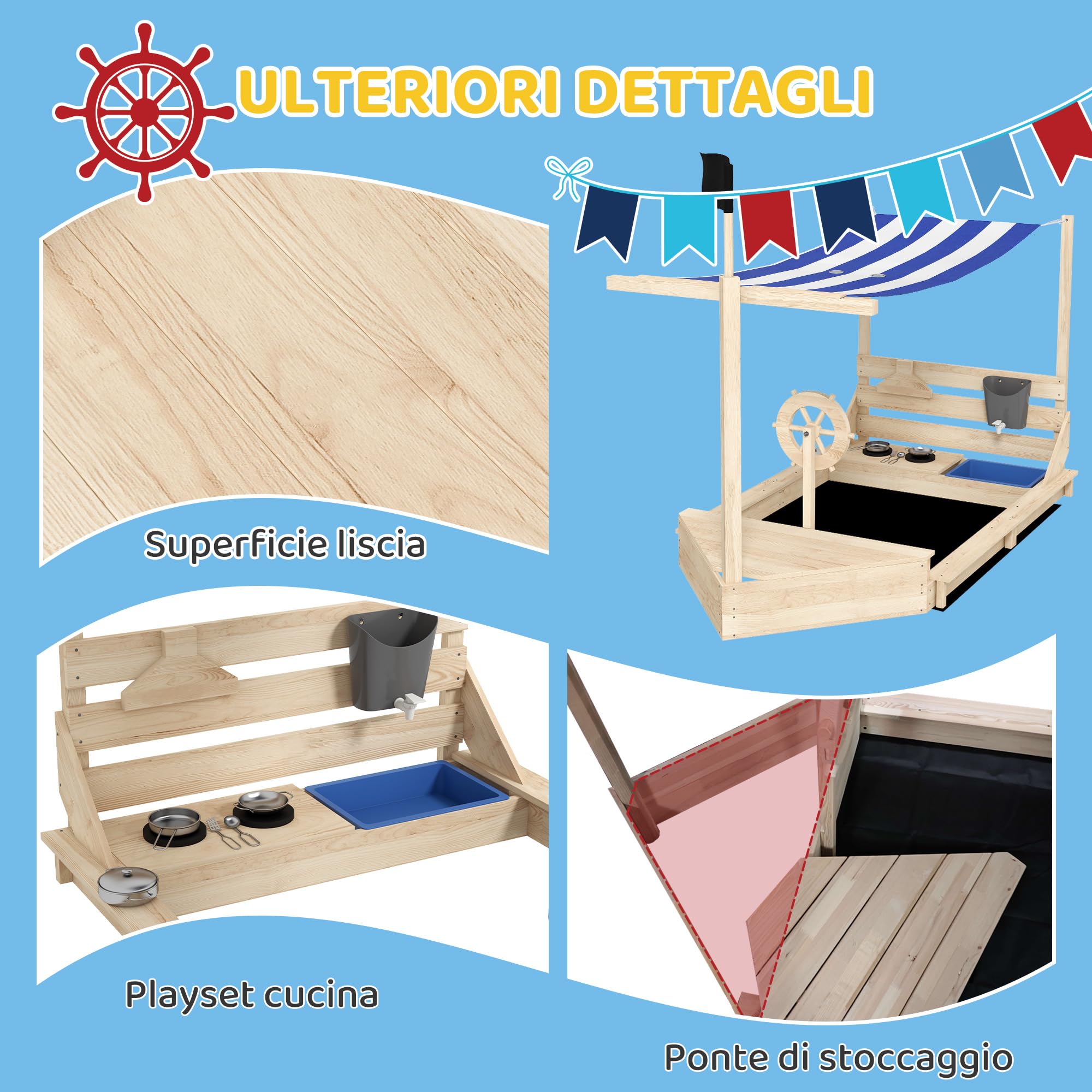 Outsunny Sabbiera per Bambini in Legno di Abete con Tettuccio regolabile e Set da Cucina Giocattolo, Sabbionaia per Bambini con 2 Sedili, 180x103x144.5 cm, Color Legno