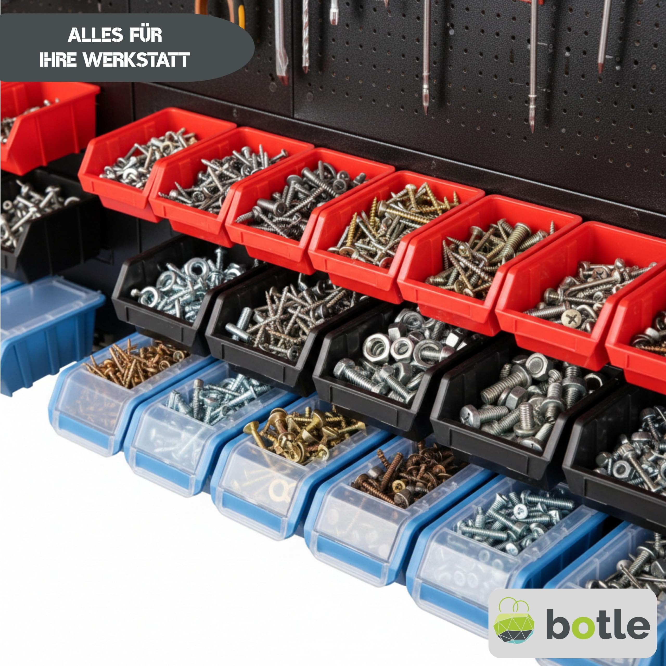 botle Juego de 114 piezas de pared perforada para herramientas de metal, cajas apilables + estante de pared + soporte para herramientas, 114 piezas, almacén de piezas pequeñas, taller de pared con 60
