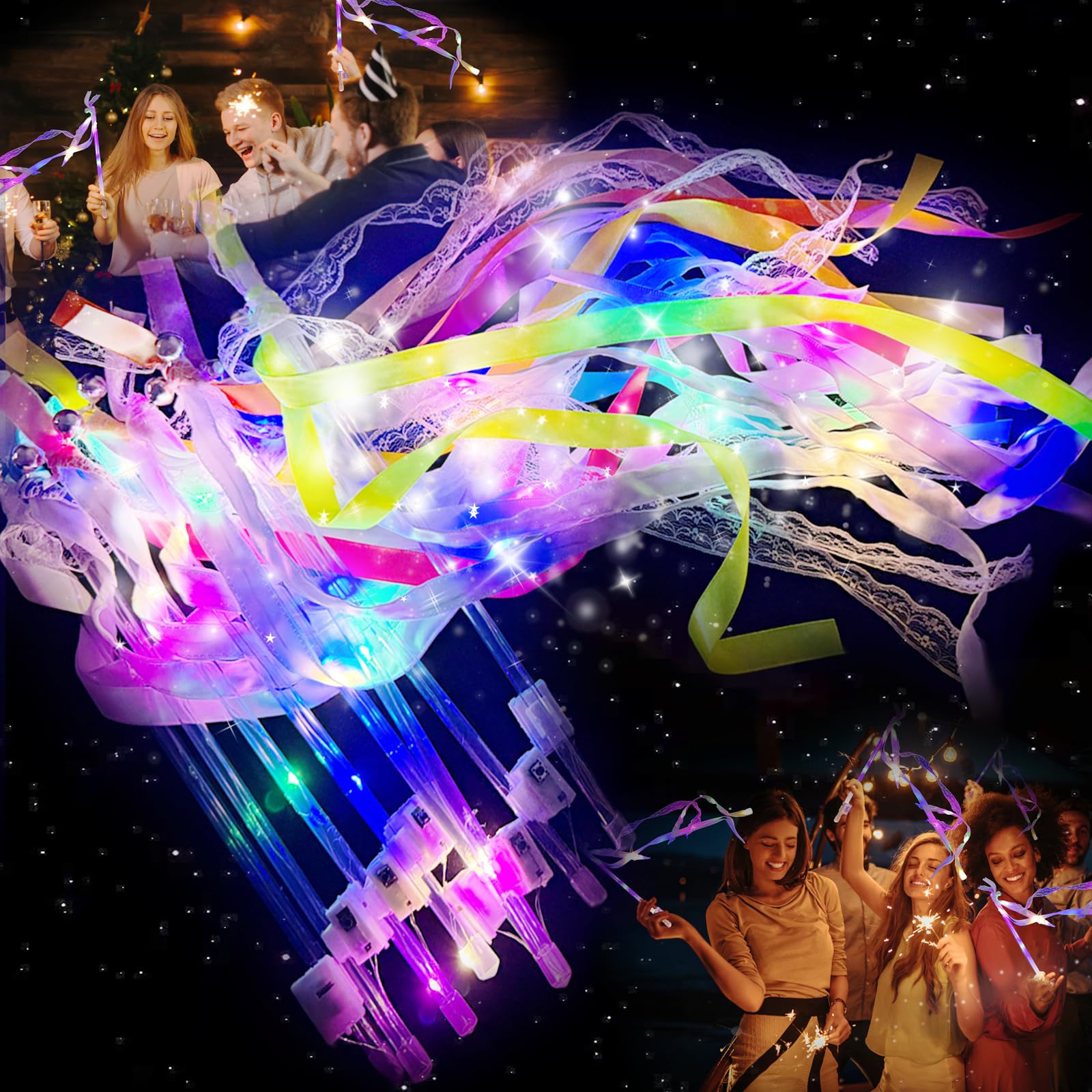 NOWIGOT 32 Pcs Light up Wands for Wedding, Wedding Wands Streamers with 3 Colorful Flashing Modes, LED Silk 8 Color Fairy Wands Wands with Bells for Wedding, New Year, Raves, Birthday Party