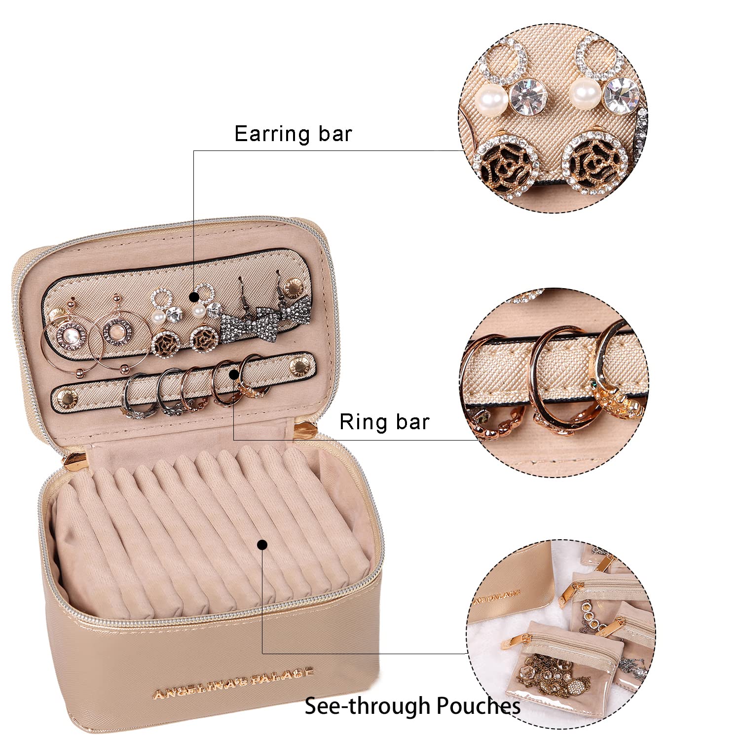 Angelina's Palace Estuche organizador de joyas, regalo de dama de honor, bolsa de viaje, caja de cuero vegano para collar, aretes, pulsera, anillo (champán)