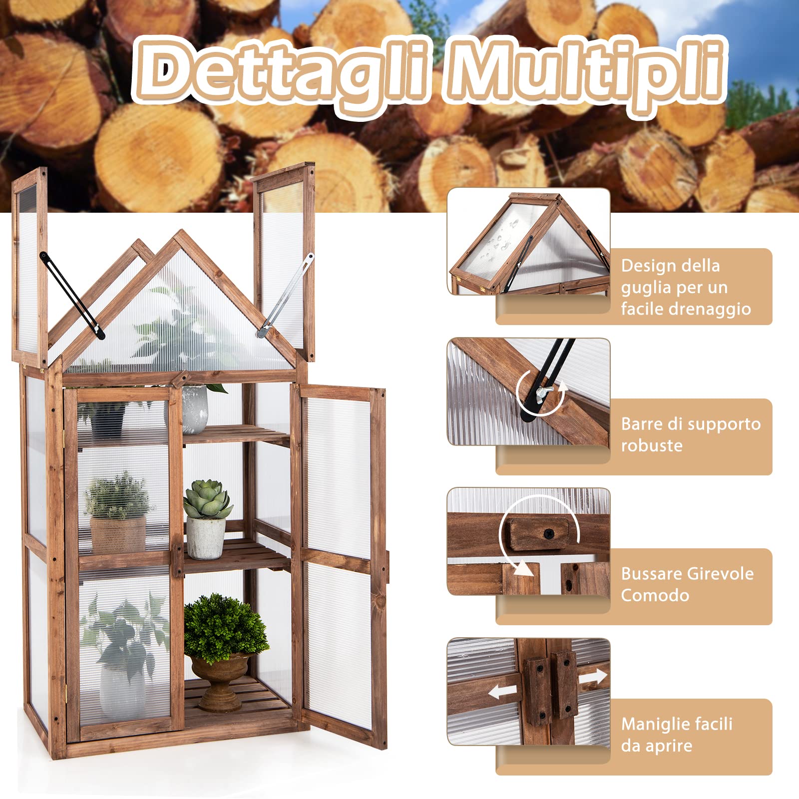 RELAX4LIFE Mini Serra da Giardino in Legno di Abete, Serra da Balcone Invernale, Serra Piccola per Interno ed Esterno, Mantenere la Temperatura, Resistente al Freddo (133 x 71 x 41 cm)