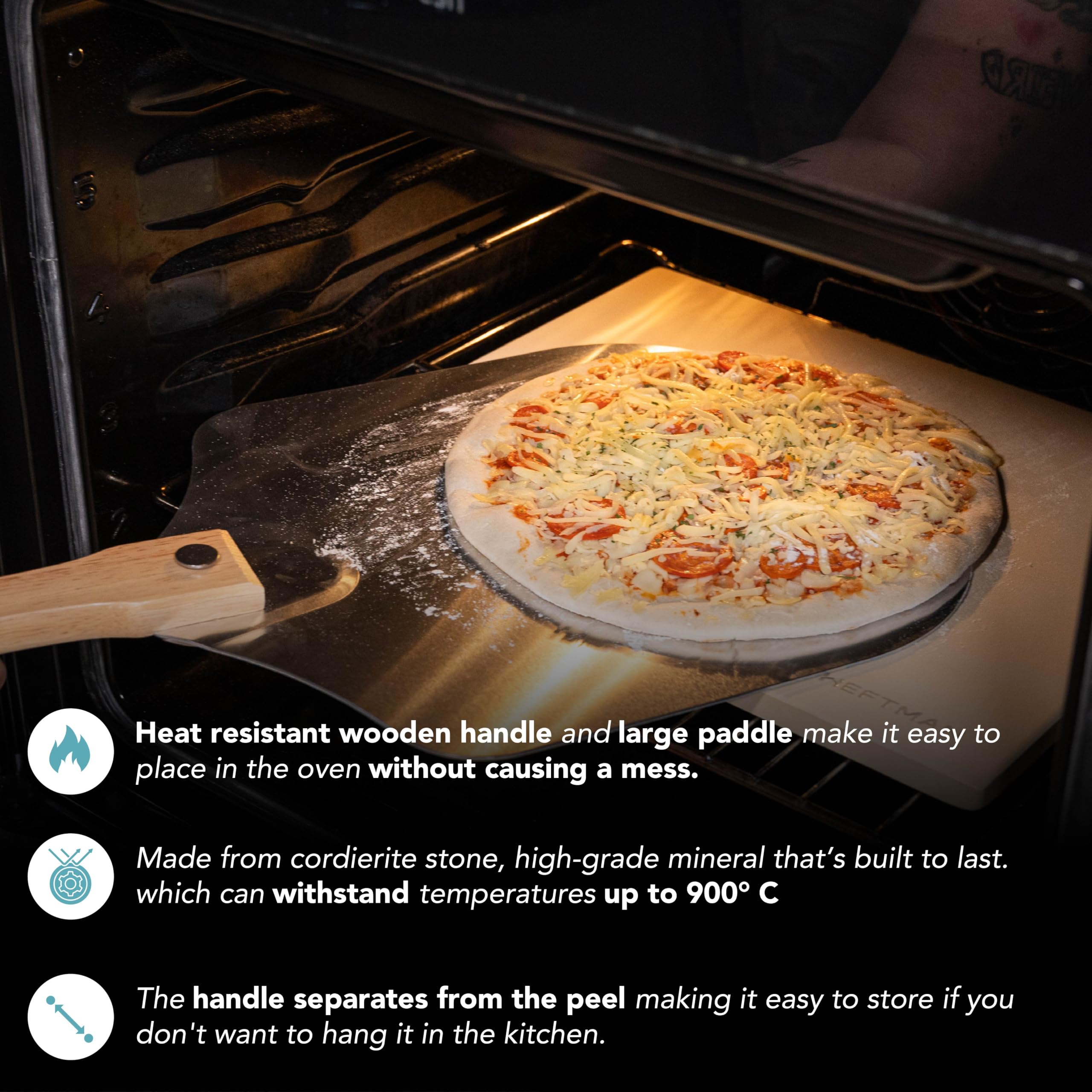 HEFTMAN Juego de piedra y cáscara para pizza, piedra de cordierita para horno, parrilla, barbacoa con paleta de aluminio para una corteza perfecta, piedra para hornear pan, galletas