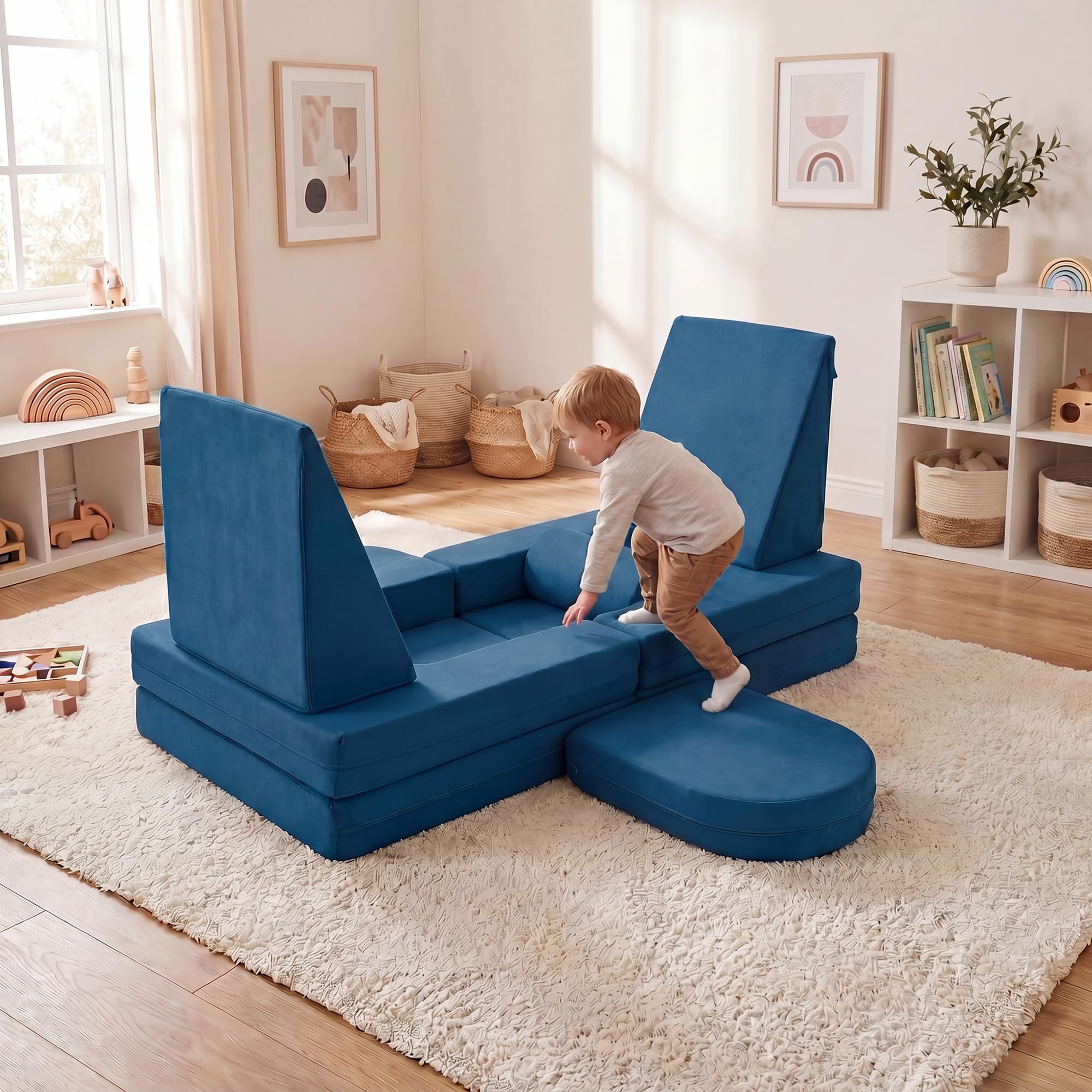 Lifezeal - Sofá infantil modular de 10 piezas, sillón infantil convertible de espuma con tejido de ante suave y fundas con cremallera lavables a máquina, sofá de juego plegable para bebé de 3 años