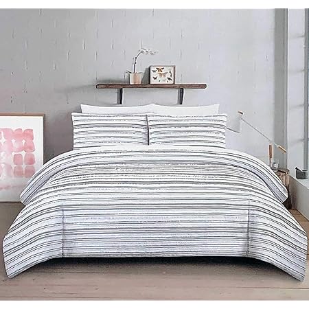 Amazon Com The Texture Collection 3pc Duvet Cover Set Thin Black Horizontal Textured Threaded Stripes On White With White Tufts Fringes Sunset Clip Full Queen Home Kitchen