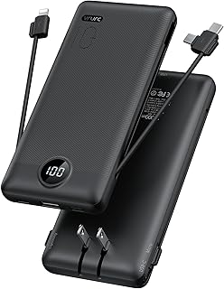 VRURC Portable Charger Built-in Cables and AC Wall Plug, USB C Power Bank 10000mAh, [2023 Upgraded Version] Phone Charger Compact Lightweight External Battery Pack for Smart Phones, Tablets etc-Black