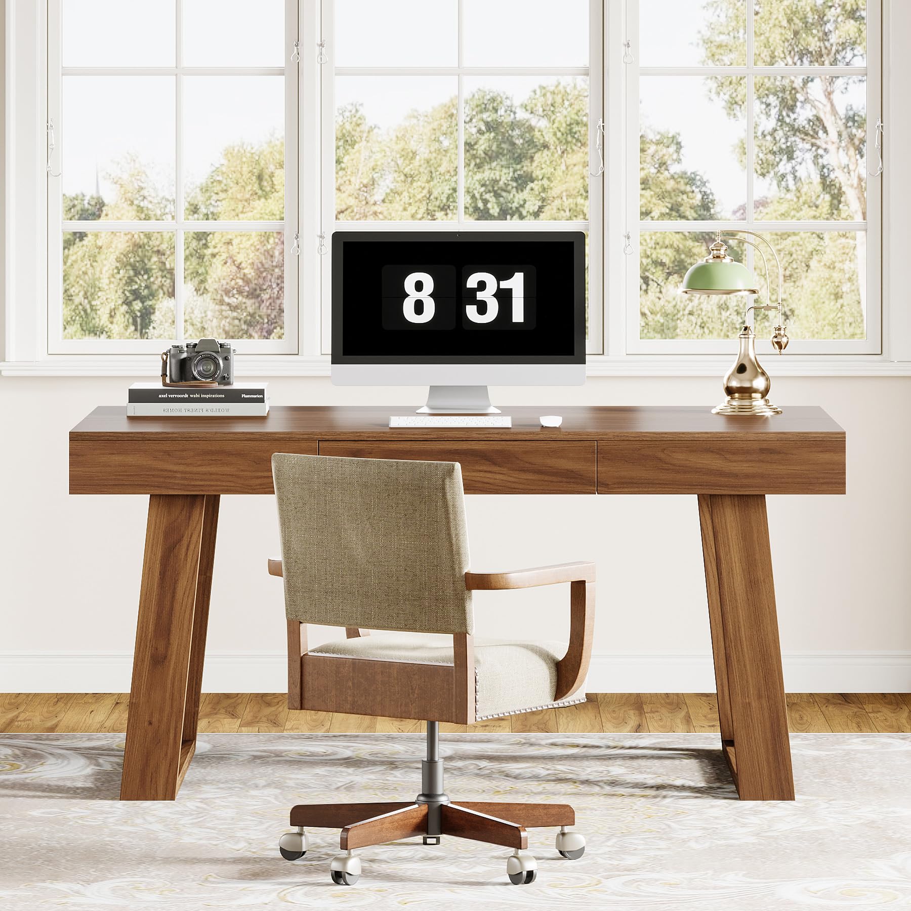 Tribesigns Escritorio de 140 cm con cajón, retro, marrón, para ordenador, oficina en casa, mesa de madera para oficina y juegos, mesa de trabajo de negocios (140 x 70 cm)