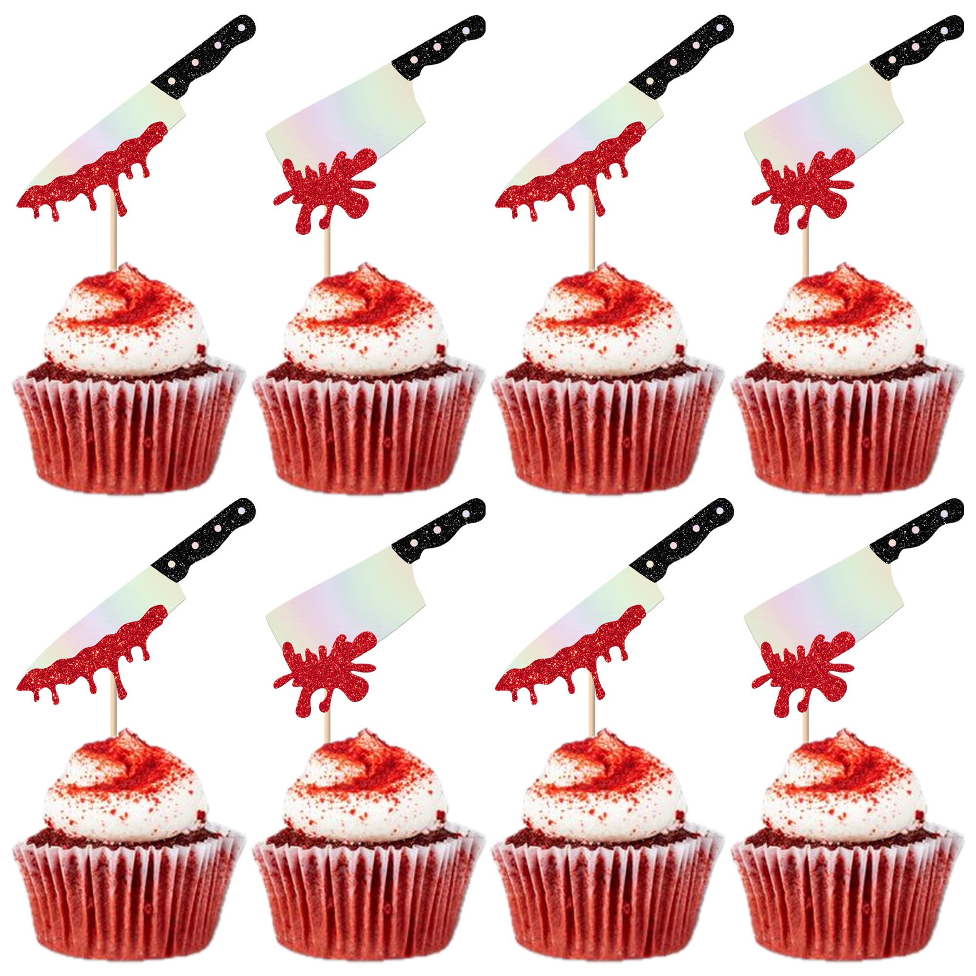 Xsstarmi 24 Pack Blood Knife Cupcake Toppers Glitter Have a Killer Horrible Halloween Cupcake Picks for Happy Birthday Halloween Party Cake Decorations — image 1