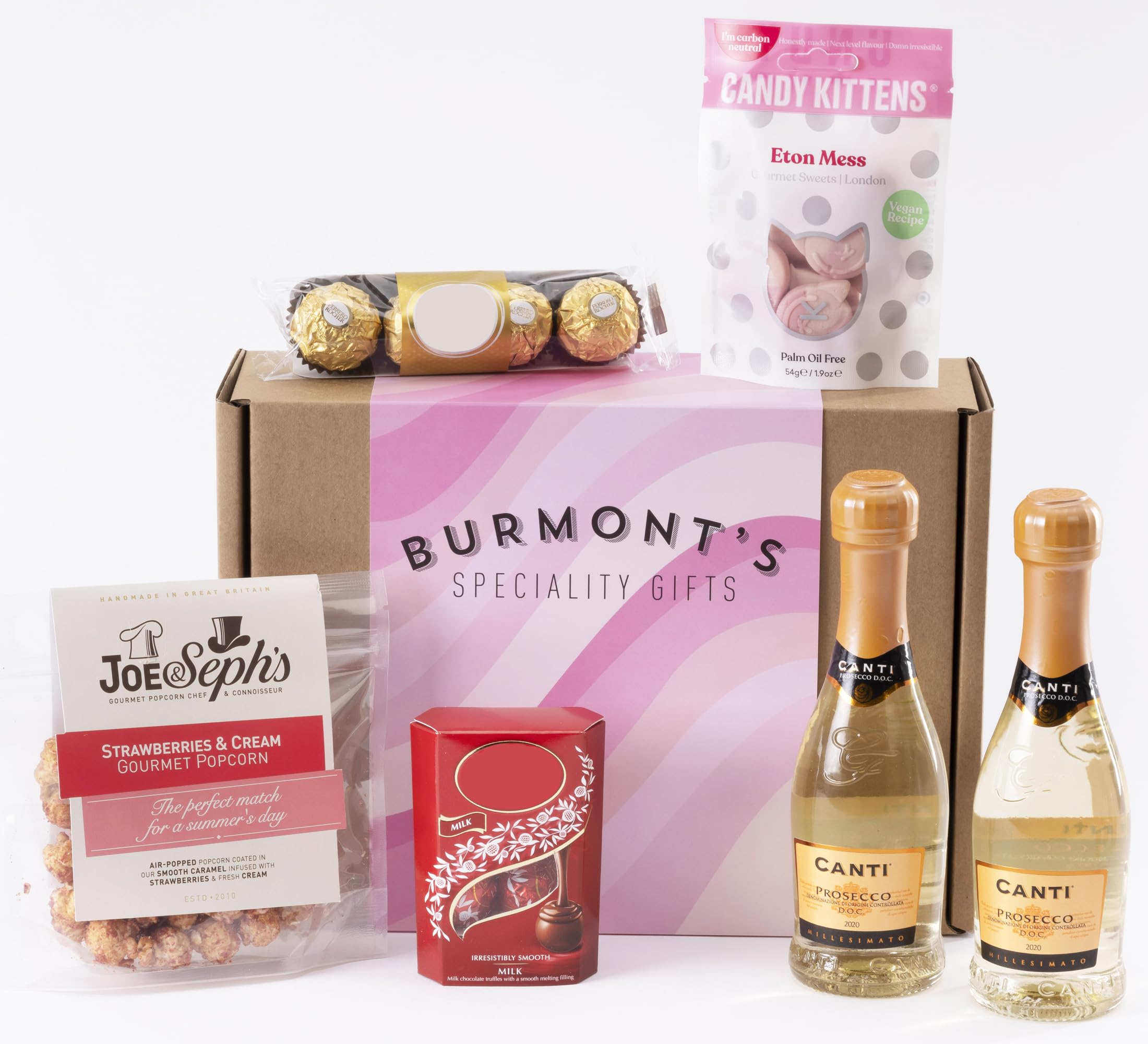 The Prosecco and Treats Hamper For Her - Two Small Prosecco, Truffles, Hazelnut Chocolates, Joe & Seph's Popcorn & Candy Kittens - Hamper Exclusive To Burmont's