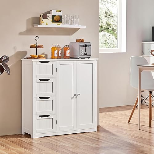 Miniatura 4 de Yaheetech Wooden Bathroom Floor Cabinet, Side Storage Organizer Cabinet with 4 Drawers & Double Doors, Freestanding Entryway Storage Unit Console