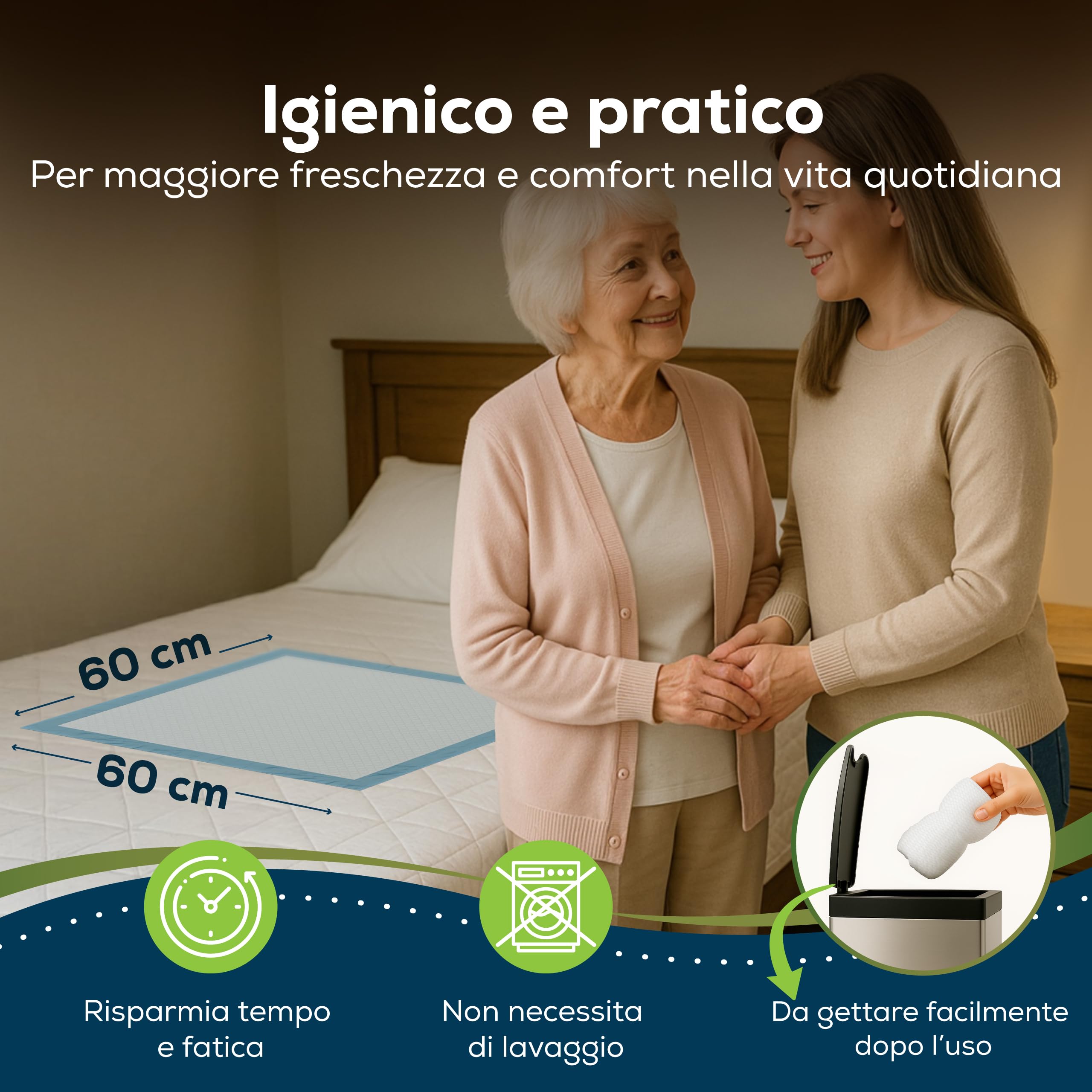 Sensalou Traversine Monouso 60x60 cm – 100 Pezzi – Teli Assorbenti Impermeabili per Incontinenza, Bambini, Anziani, Animali, Letto, Cambio, Protezione Igienica, Assistenza Domiciliare e Sanitaria