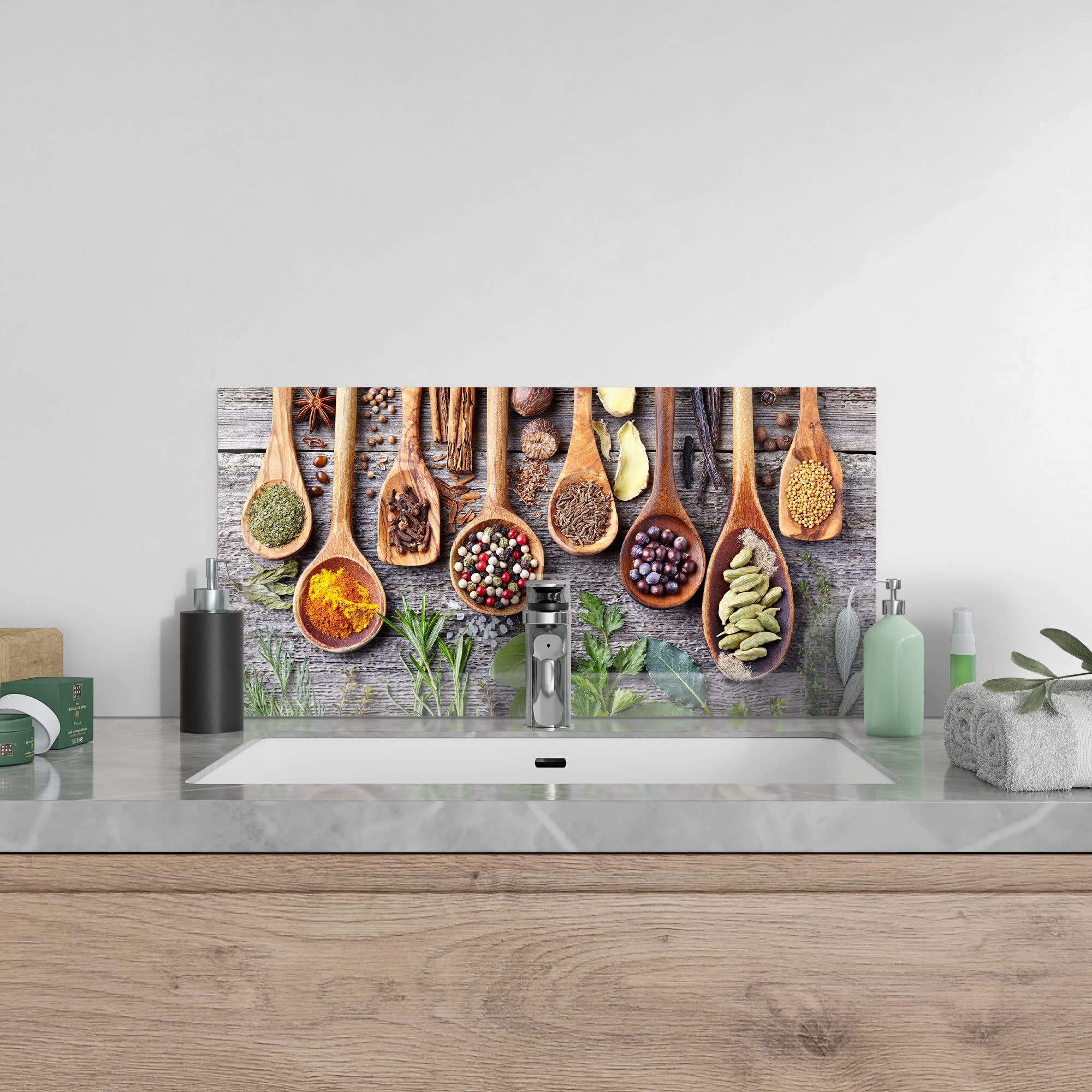 DEQORI Küchenrückwand Glas | Motiv Dekorierte Kochlöffel | 80x40 cm | Bad- oder Herd-Rückwand | Herdblende Spritzschutz für Küche & Badezimmer | moderne Deko für Fliesenspiegel