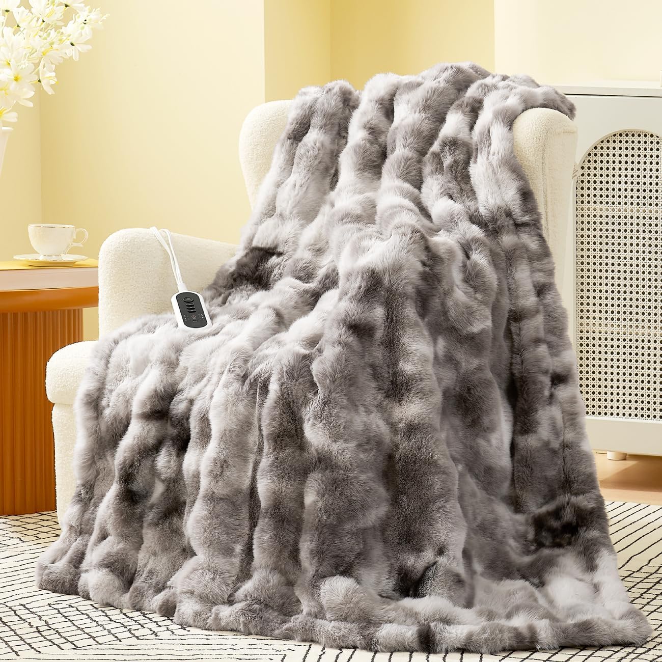 Amélie Home Heated Bubble Faux Fur Blanket Electric - 50"x60" Heating Blanket Throw 2/4/6/8 Hours Auto-Off 8 Heat Level Over-Heat Protection Electric ETL Certification Tie-dye Grey Tie-dye Grey Throw(50" x 60")