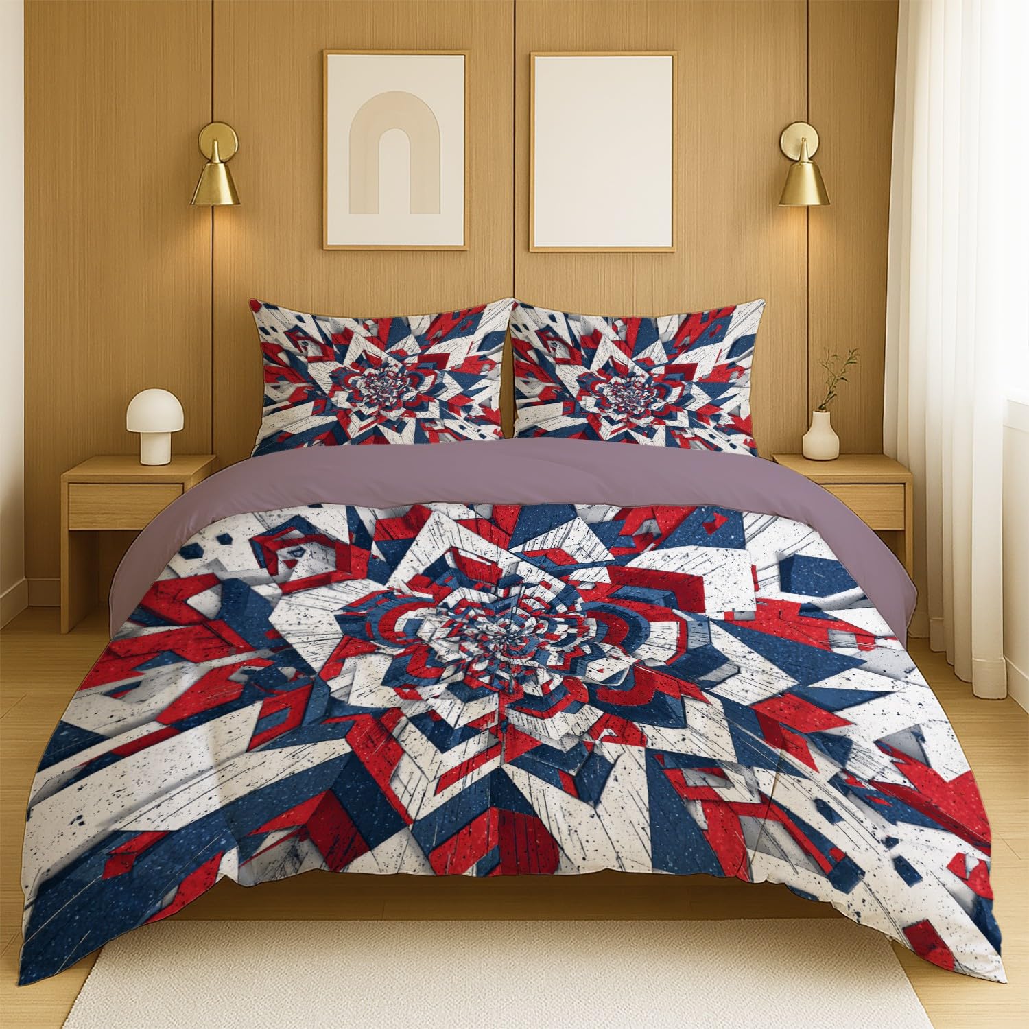 Zestaw poszewek na kołdrę Anti-Shrink Duvet Cover zawiera 2 poszewki na poduszki 80 x 80 cm i 1 kołdrę 180 x 200 cm, niebieski czerwony geometryczny trójwymiarowy abstrakcyjny