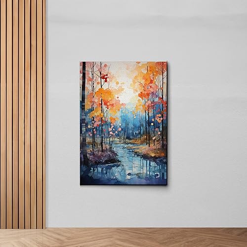Golden Tranquility, Captivating Forest Sunset, Canvas Print Embracing Autumn's Beauty with Blue Skies, Fall Trees, and Nature's Splendor, Canvas