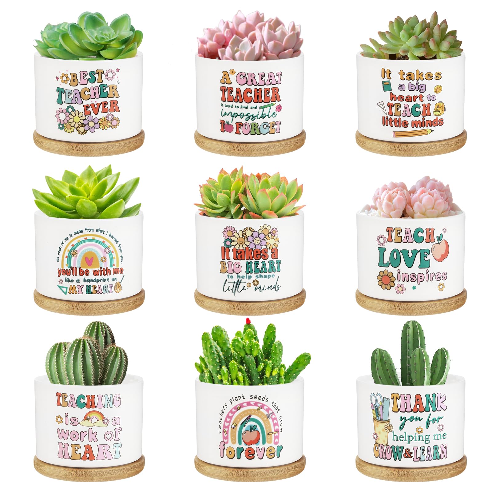 9 Pieces Teacher Appreciation Gifts Ceramic Succulent Plant Pot Flower Style Succulent Plant Pot Funny Cute Succulent Plant Pot Planter Succulent Accessories for Teacher Women Birthday Gift