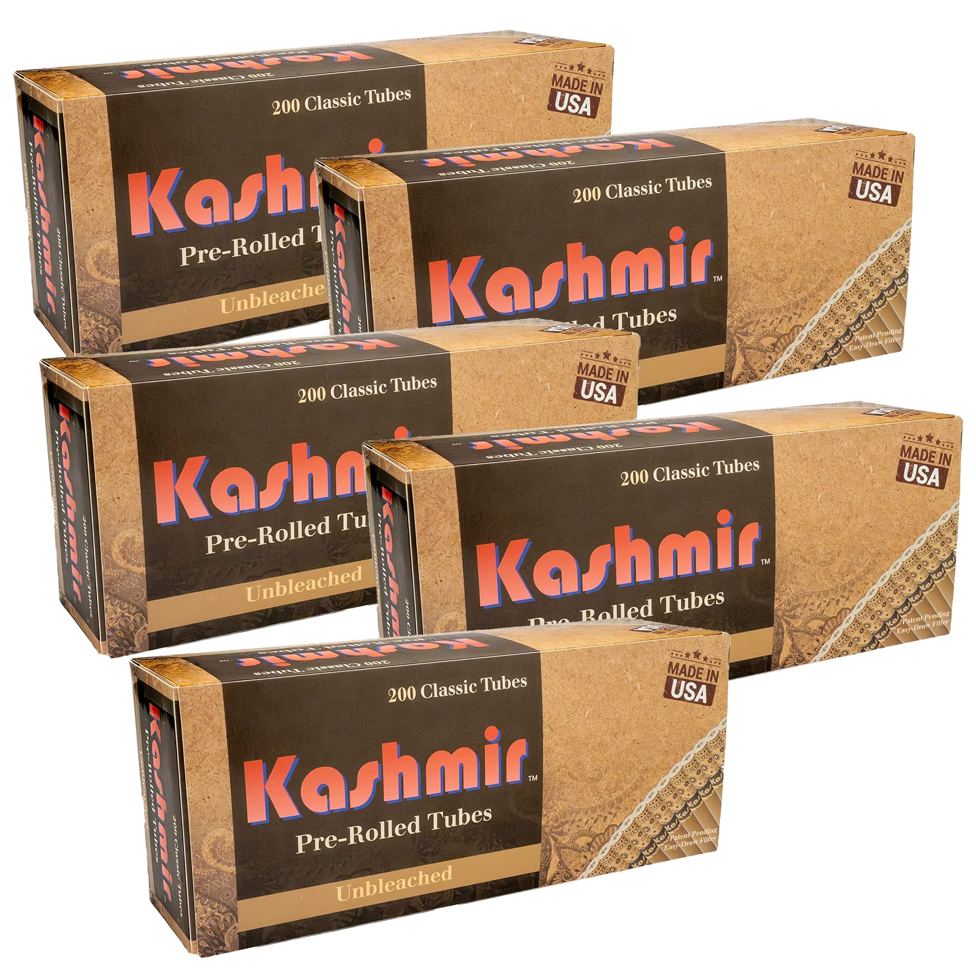 Kashmir Cigarette Tubes Unbleached – 1000 Count (200 CT x 5 Boxes) King Size – Tubes King Size 110mm – Smooth Draw, Clean Burn, No Tearing – USA Made, Fits Most injector Machines