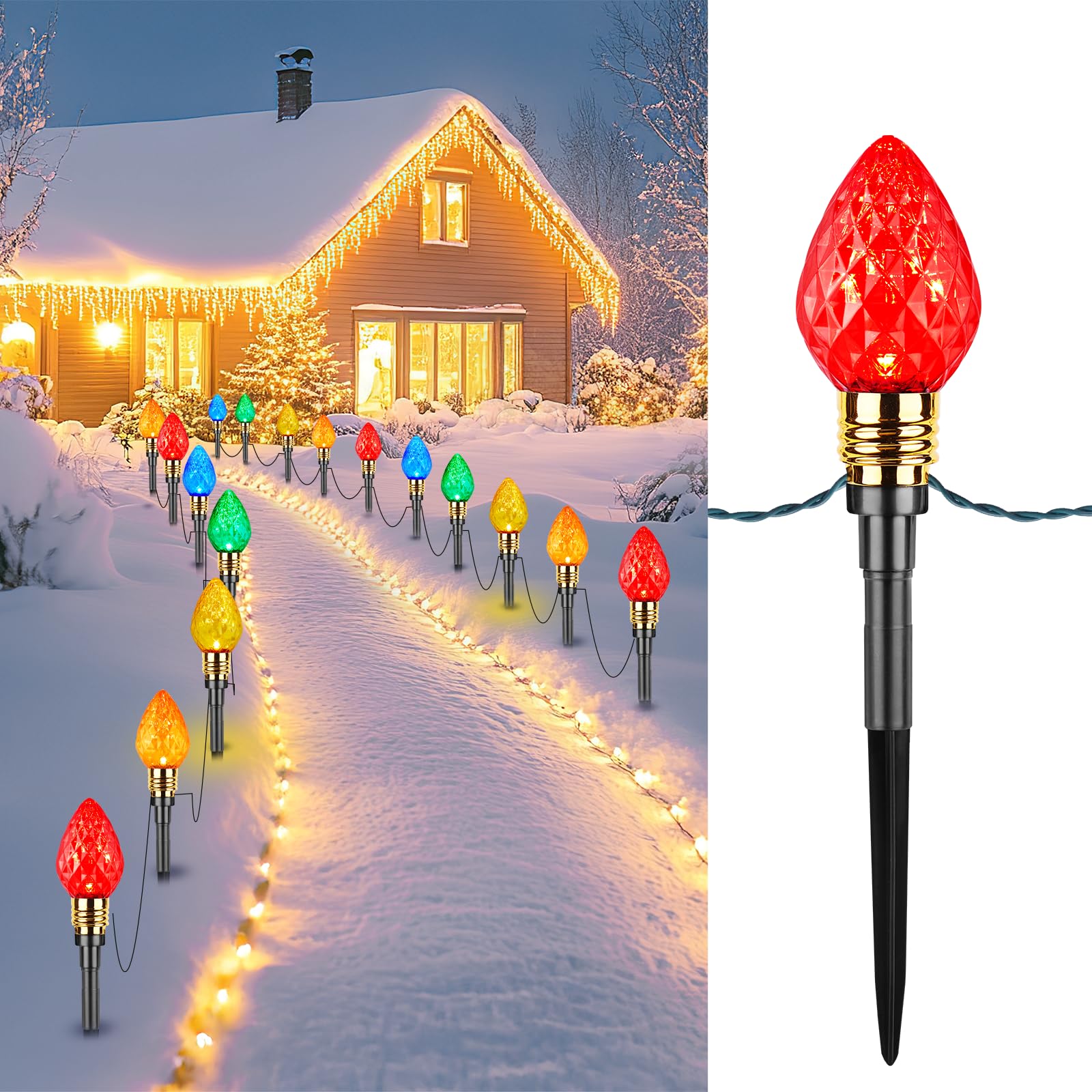 Brightown4 Pack Strawberry C9 Christmas Pathway Lights Outdoor - Total 69.6 Feet 40 LED Christmas Walkway Lights,Colored Bulb Christmas Lights Outdoor Decorations for Lawn Holiday Outside, Multicolor