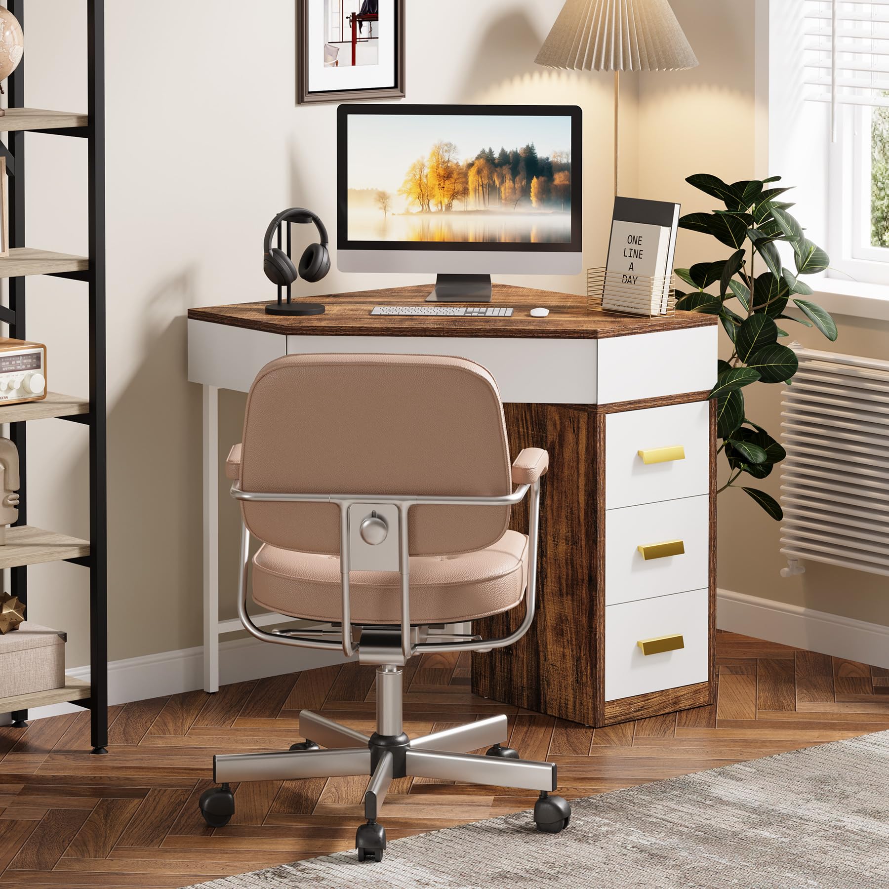 Tribesigns Scrivania Angolare con 4 Cassetti, Scrivania per Computer Salvaspazio a 90°, Scrivania Ufficio con Contenitore, Tavolo PC per Studio, Camera da Letto, Soggiorno, Marrone/Bianco