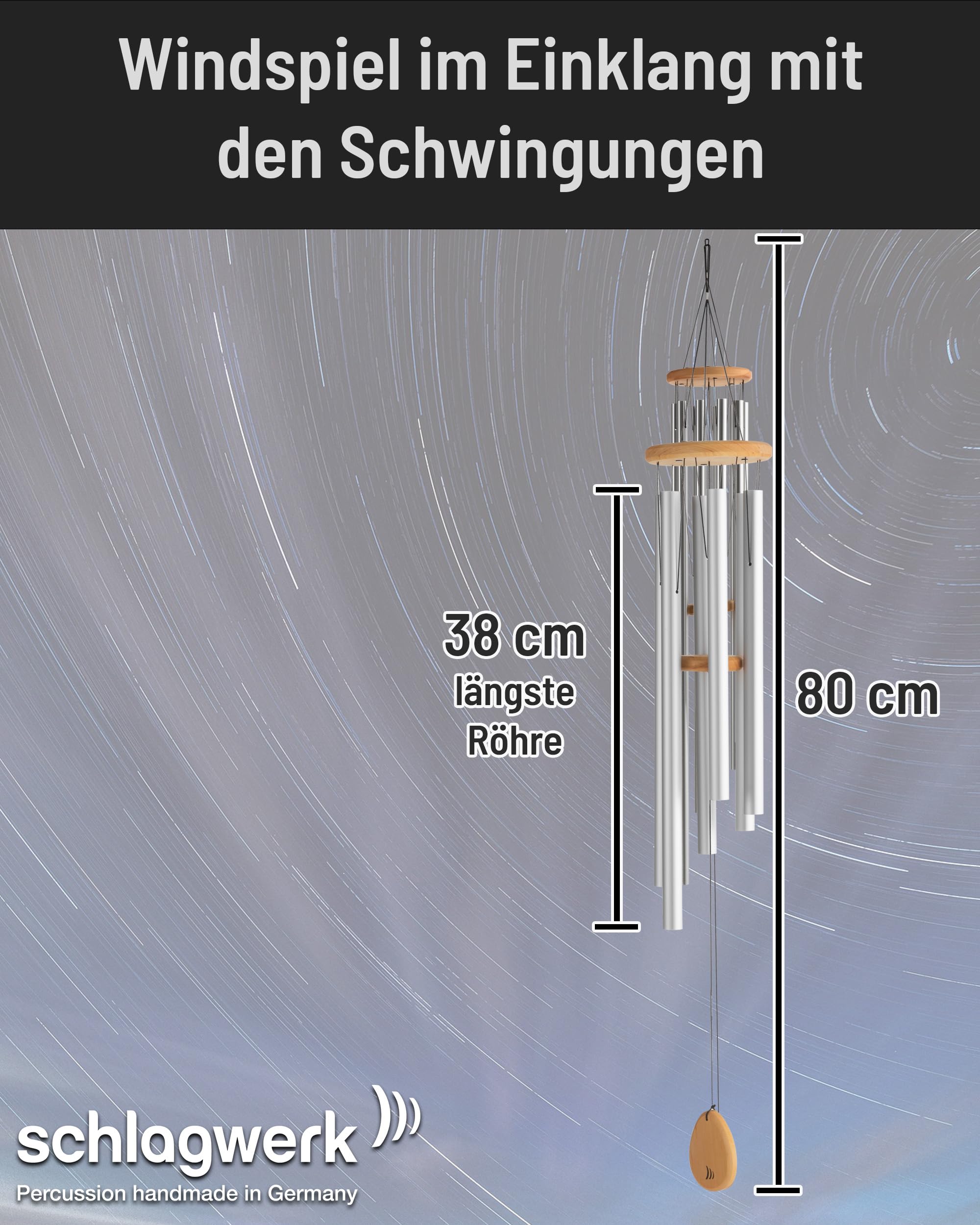 Schlagwerk Einklang Windspiel Tageston 80 cm - 6 Röhren, lang anhaltender Klang - Aluminium - Exakt gestimmt Frenquenzen mit Naturton-Reihe - Meditation - Entspannung - Vitale Stärke