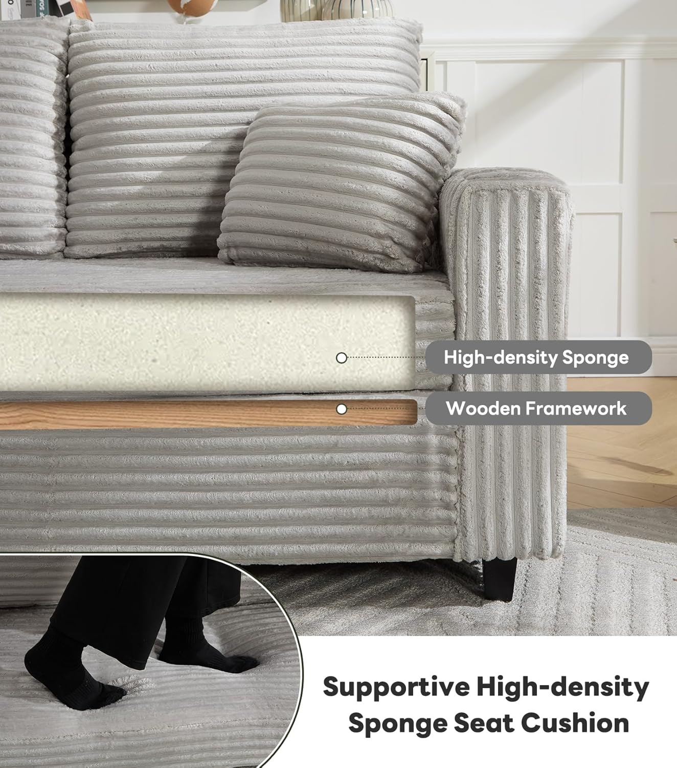 Tbfit 63.4" Oversized Loveseat with Storage Ottoman, Comfy Chaise Lounge Chair Indoor, Corduroy Sleeper Sofa Bed, Modern Upholstered Love Seat Couch for Living Room, Bedroom, Apartment, Grey | Breathable material, Storage Ottoman, Sofa bed, Oversized Loveseat