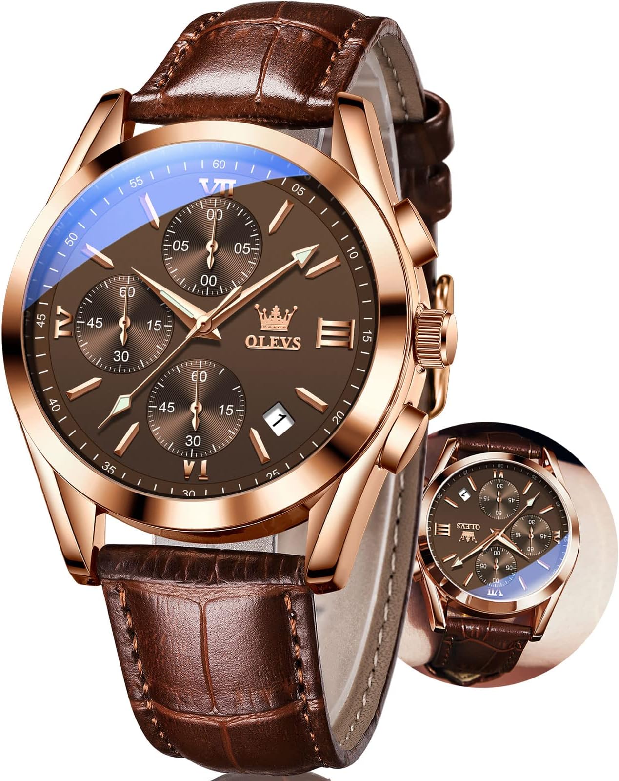 Men's Watches Brown Leather with Date,Casual Watches for Men,Large Face Watches Men,Chronograph Mens Watch,Sport Waterproof Business Dress Analog Quartz Men's Wrist Watches Reloj De Hombre