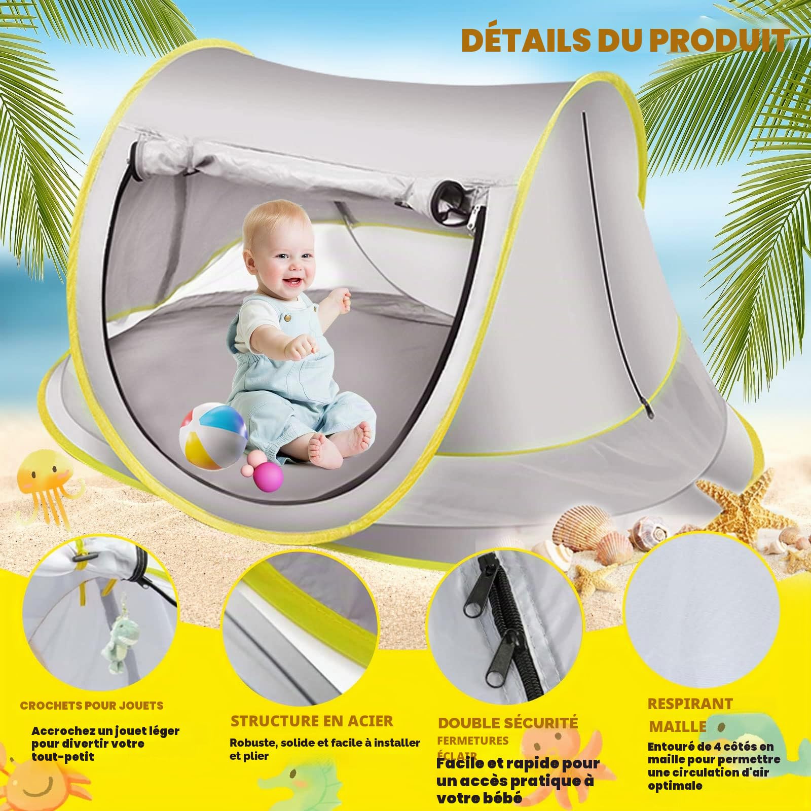 Tente Pop-Up de plage, pare-soleil portable, protection UV UPF 50, pour piscine avec moustiquaire, voyage (gris, Max)